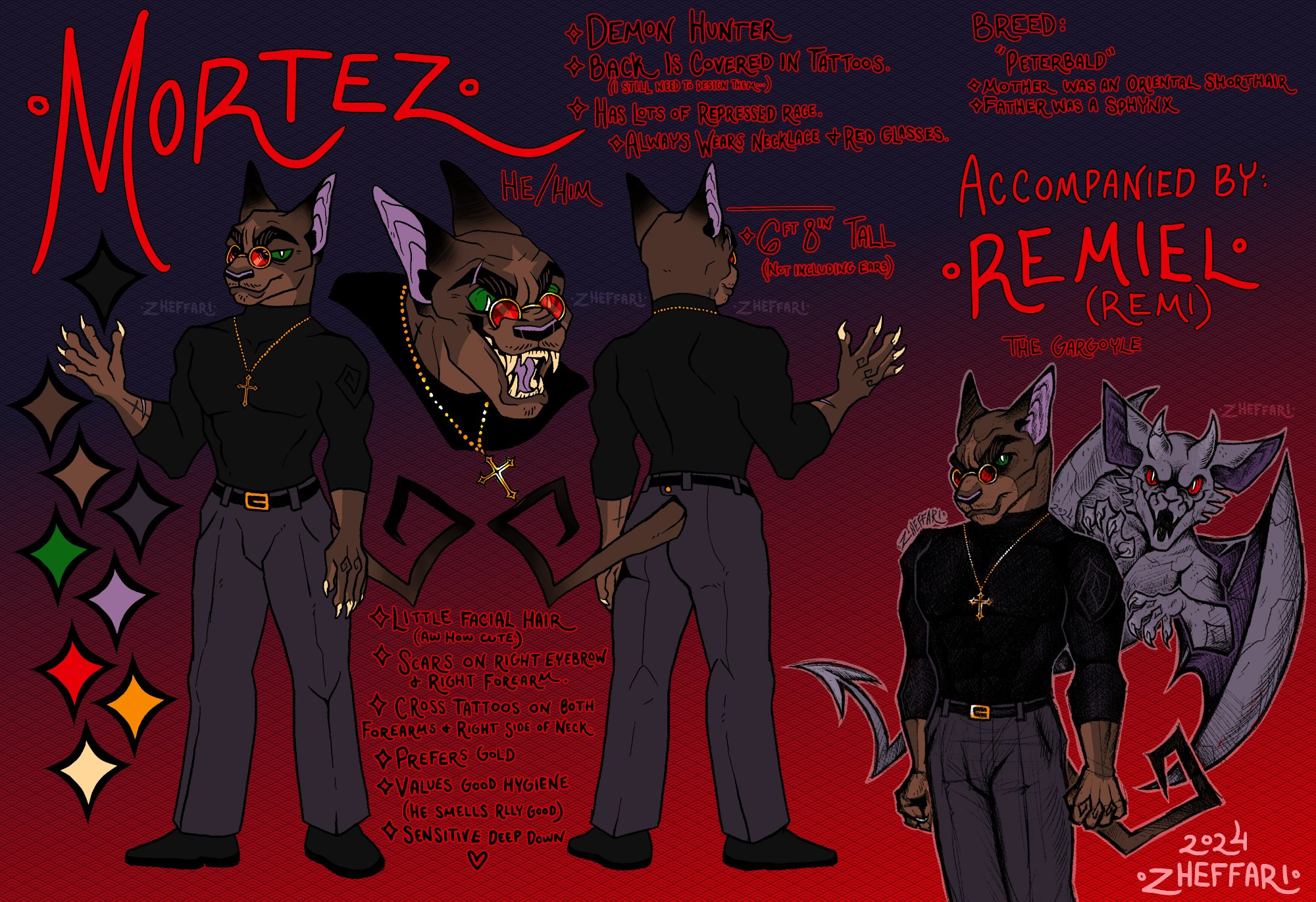 Visual design guide of an anthropomorphic cat. He is half Sphinx and half Oriental shorthair. He wears a black tight fitted shirt that is sort of a turtleneck and pants with a belt and golden buckle. He also wears a golden cross necklace and red glasses with gold rims. He is accompanied by a goofy yet creepy gargoyle named Remi. He has wings, horns on his head and big triangular ears