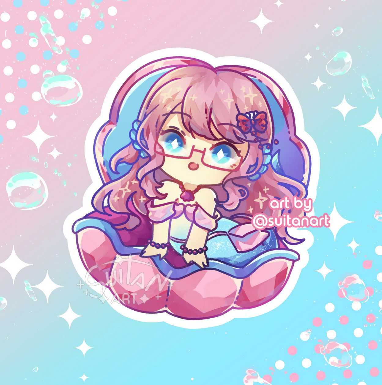 Artwork of a chibi mermaid with pink hair and clothes and a blue tail lounging in a giant open clam shell.