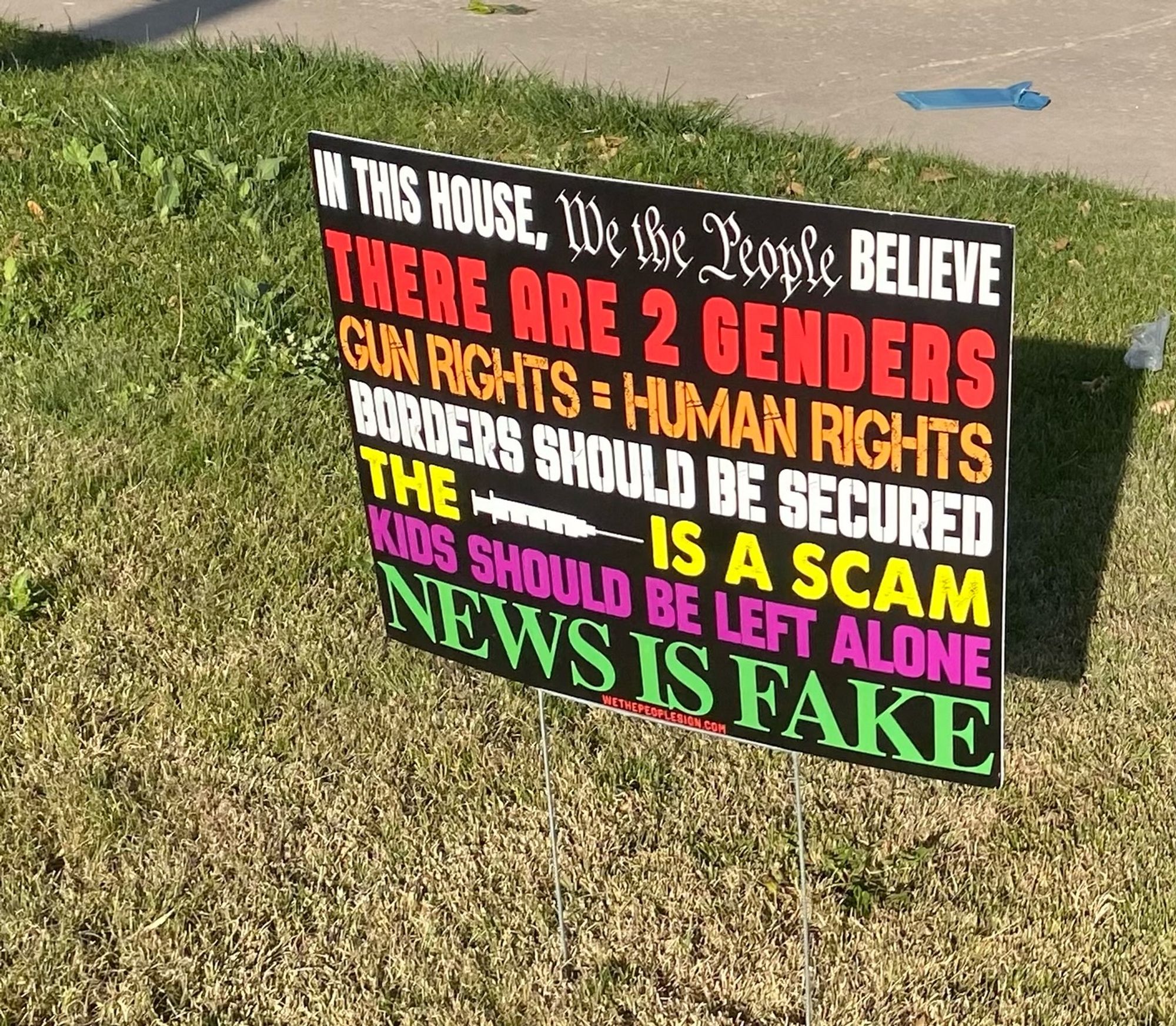 A yard sign, in multi colors and fonts, designed to mimic the “in this house we believe science is real etc etc” signs you see.

It says: in this house, we the people believe there are 2 genders, gun rights = human rights, borders should be secured, the vaccine is a scam, kids should be left alone, news is fake