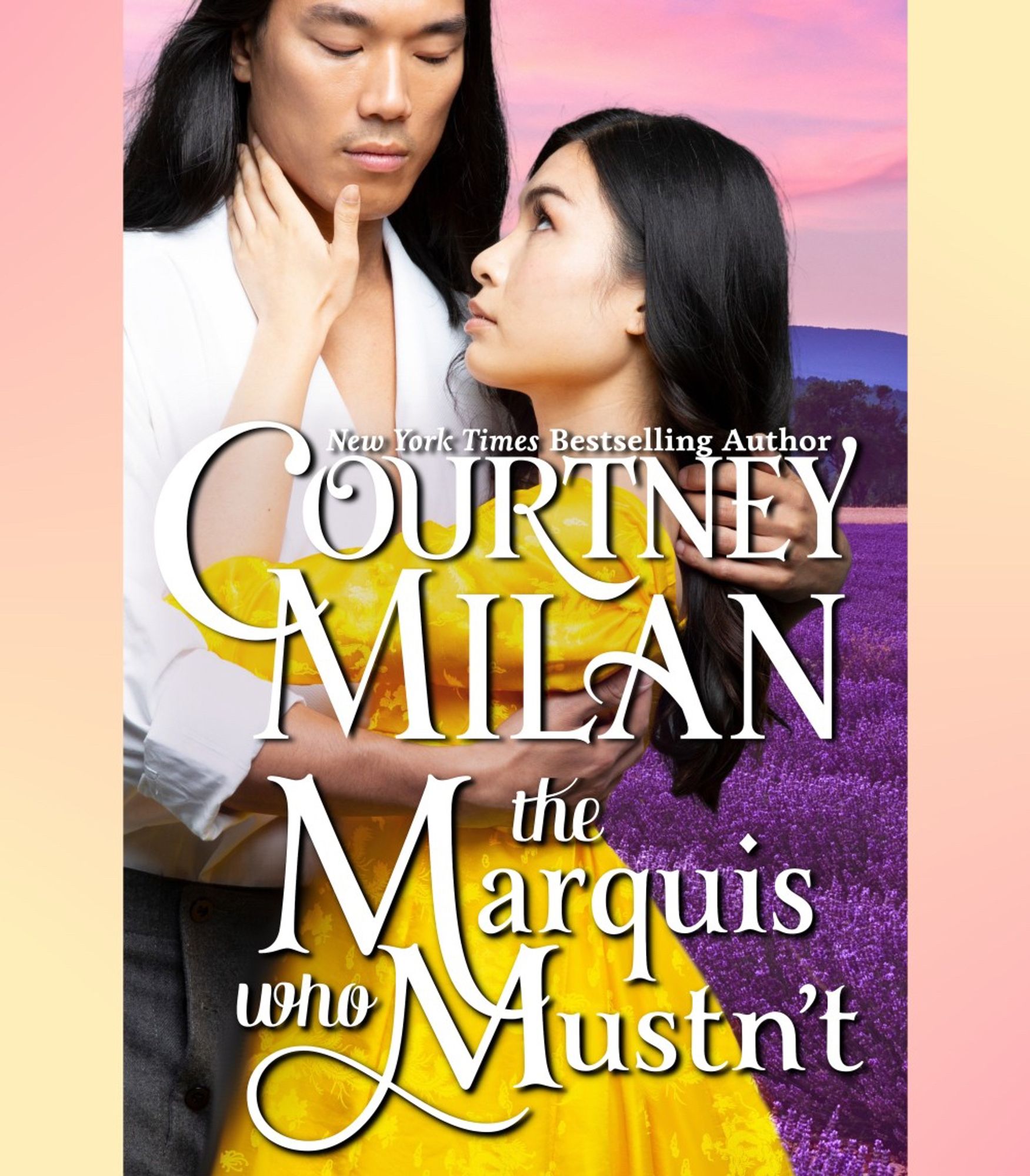 Book Cover: The Marquis who Mustn't by Courtney Milan, a Chinese man holding an Asian woman wearing a gold dress.