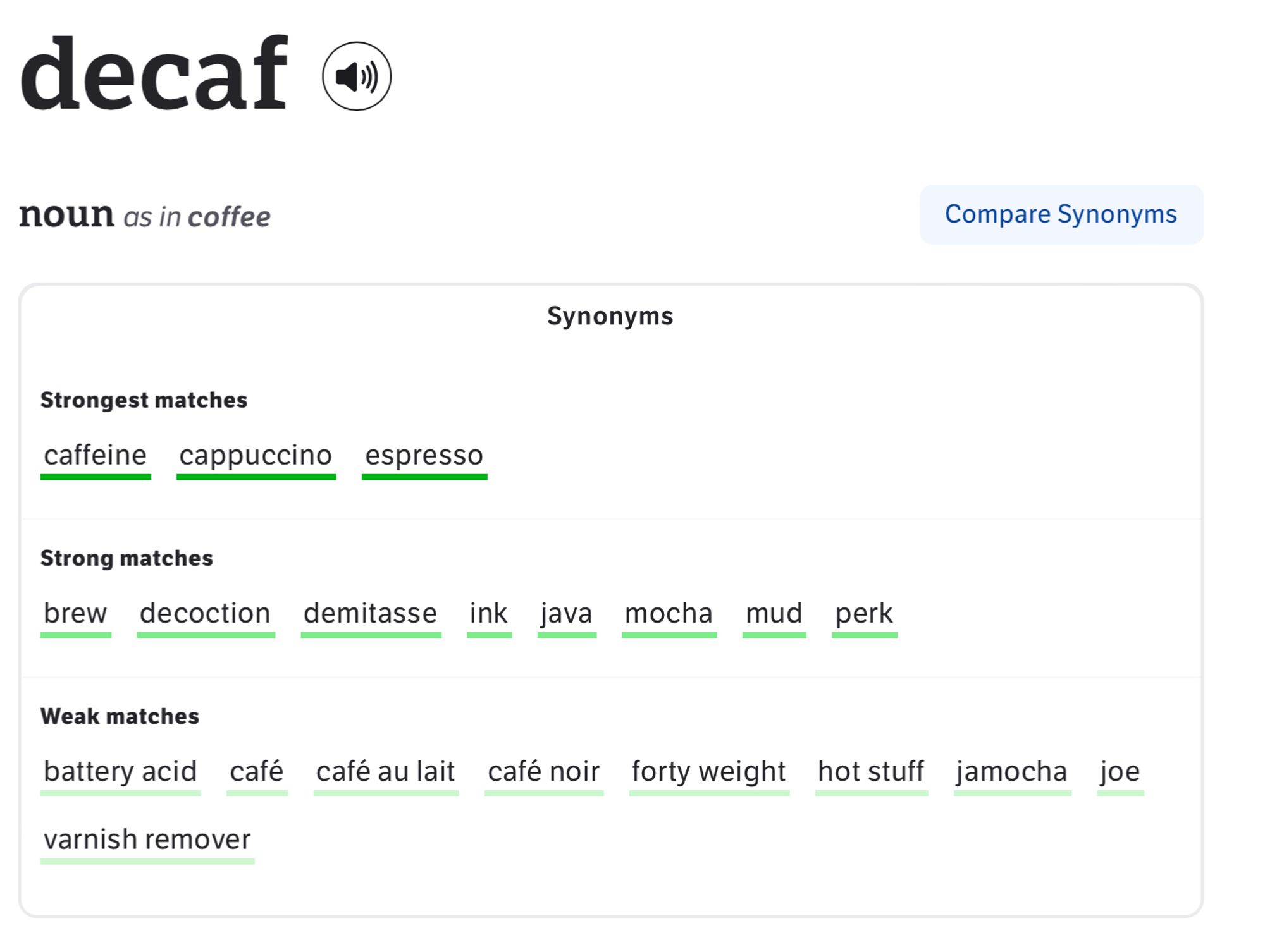 decaf

Noun as in coffee

Strongest matches
Caffeine cappuccino espresso

Strong matches
Brew decoction demitasse ink java mocha mud perk

Weak matches
Battery acid café café Au lait café noir forty weight hot stuff jam Ochoa joe varnish remover