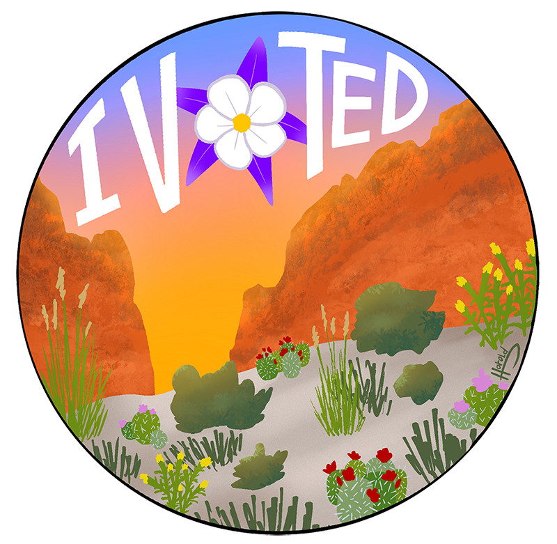 The foreground of this sticker contains Colorado grasses, shrubs, and cacti. In the background, red-golden cliffs are juxtaposed against a sunset.

The words “I voted” are at the top. The “o” is depicted as a columbine, Colorado’s state flower. 