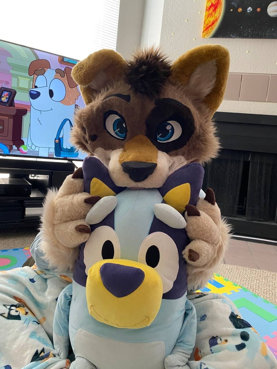 Coyote fursuiter sitting on a colorful mat with a big bluey plushie in their lap, the suiters nose is nestled between blueys ears looking at the camera and a TV In the background has an episode of bluey playing 