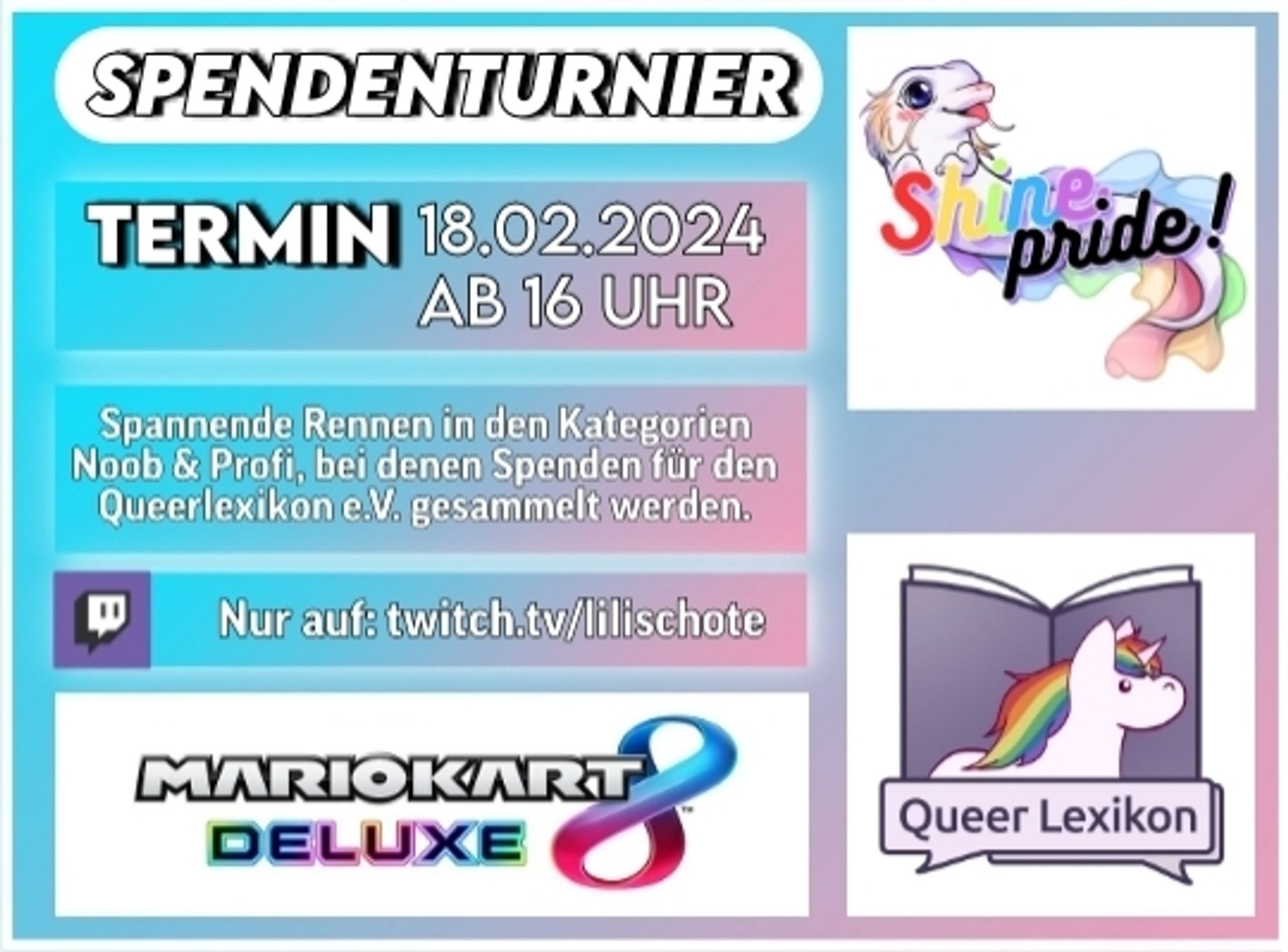 Promotionsgrafik mit dem Logo des Shine Pride Vereins und des Queerlexikons. Dort steht der Termin 18.02 16 Uhr und das für das Queerlexikon Spenden gesammelt werden.