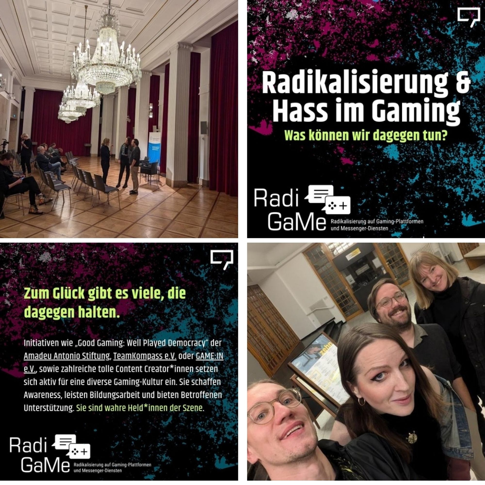 Bild Collage mit zwei Grafiken zur Veranstaltung an sich, ein Gruppenfoto von Zenker von RotXBlau, Marie Bielefeld von Institut Spawnpoint, Matthias Haider vom IDZ Jena und Lili selbst.