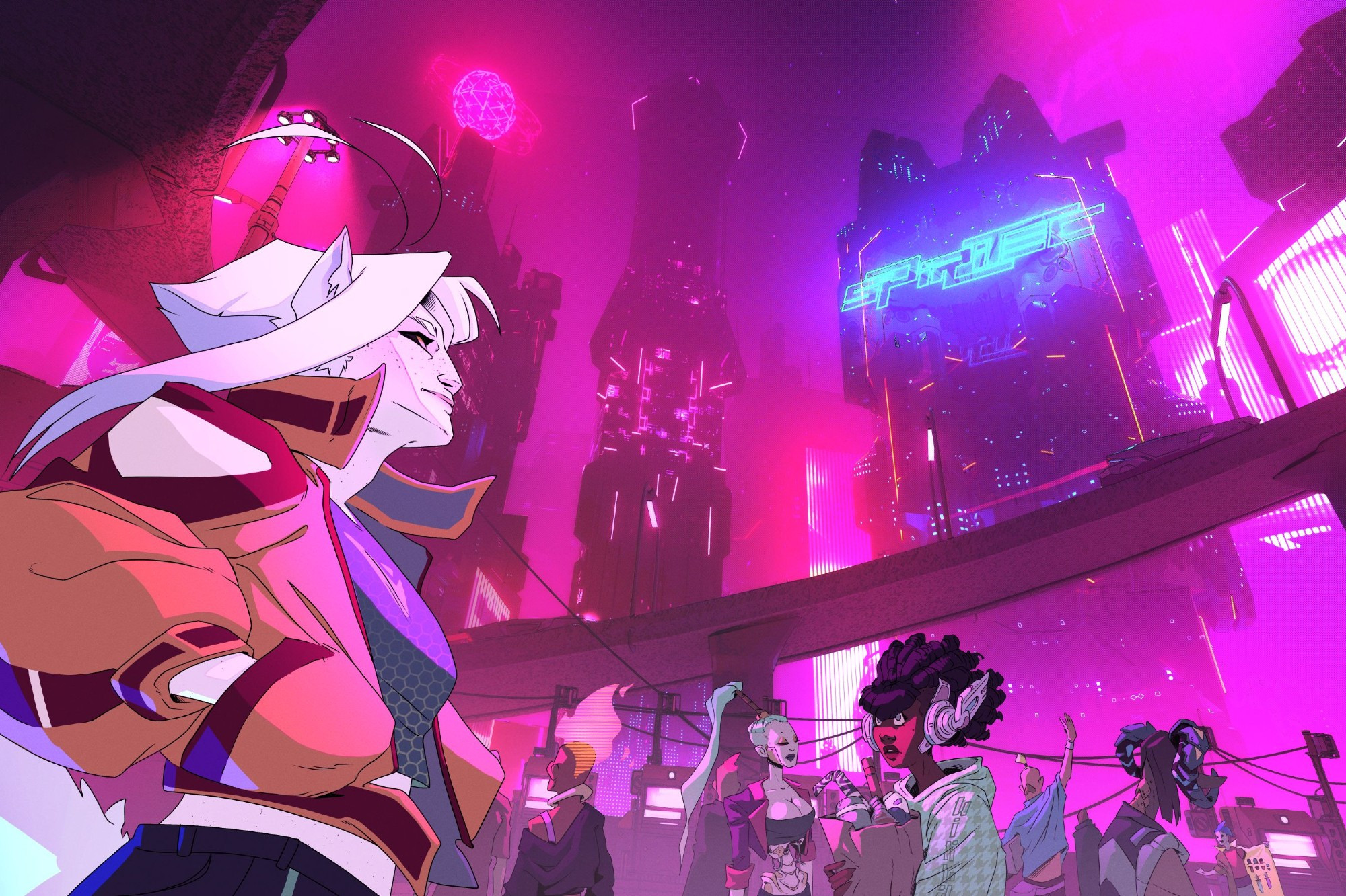 Pink, cyberpunk inspired cityscape. People in the foreground minding their own business. In the left, at the very front a white haired female in bright orange jacket looking at the building in the background that has the text Spiritec written on it.