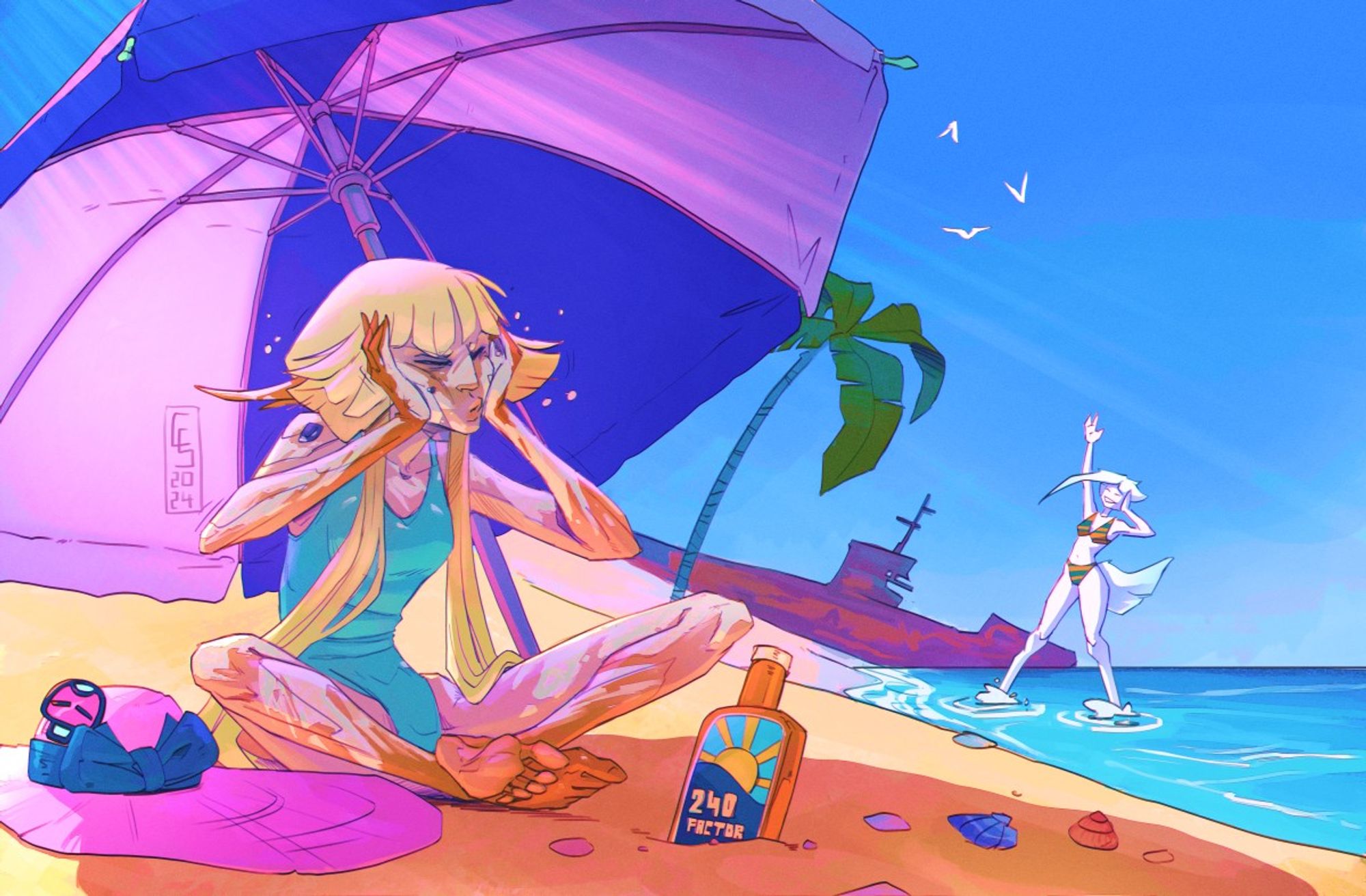 Pale character in the foreground applying copious amount of sunscreen under an umbrella on the beach, while another person in the background is waving at her.