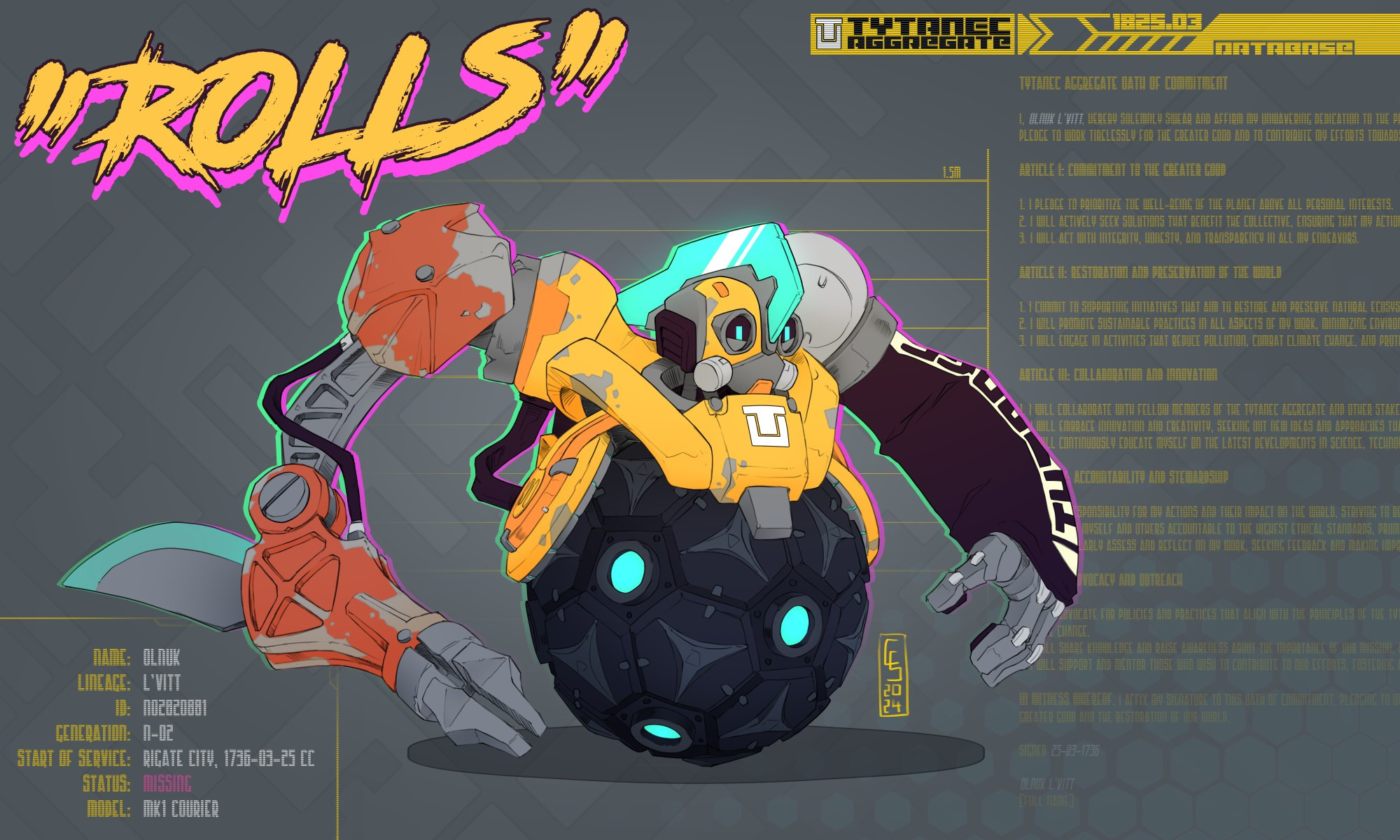 Bright yellow robot, called Rolls, but the lower half of its body is a huge dark sphere with some glowing lights. The robot has rugged look and one of its arms has been replaced with another that looks more like junk.