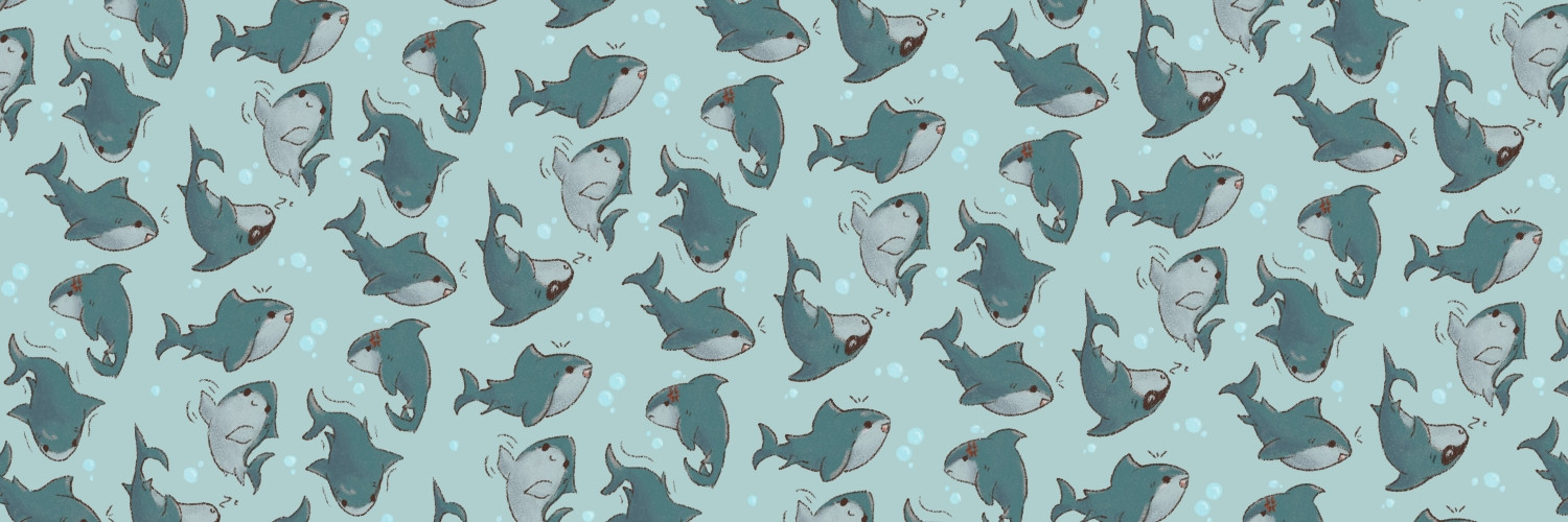 A pattern of small, cute, cartoonish sharks.