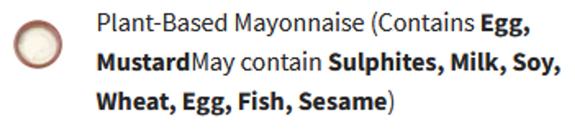 screenshot showing the part recipe card from my hello fresh which says: "Plant-Based Mayonnaise (Contains Egg, Mustard. May contain Sulphites, Milk, Soy, Wheat, Egg, Fish, Sesame)"