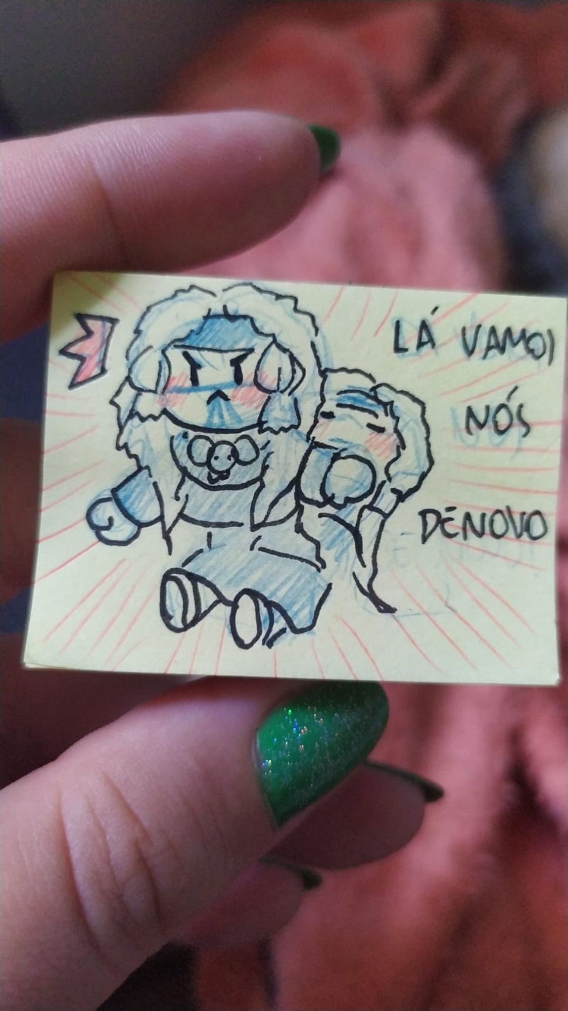 desenho feito num postit com lápis azul de uma pessoa parecida com um esquimó ressuscitando, ela tem uma expressão brava, junto tem a frase "lá vamos nós de novo"