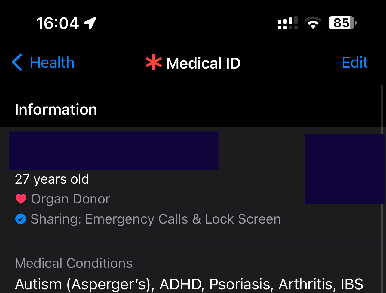 Screenshot of apple medical ID showing organ donor flag