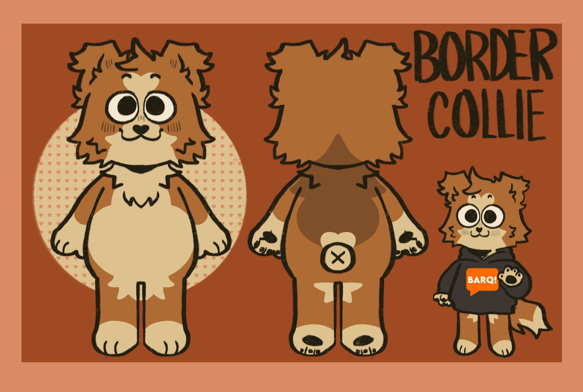 A ref sheet of our new mascot (a brown-orange border collie) chosen by you- the community.