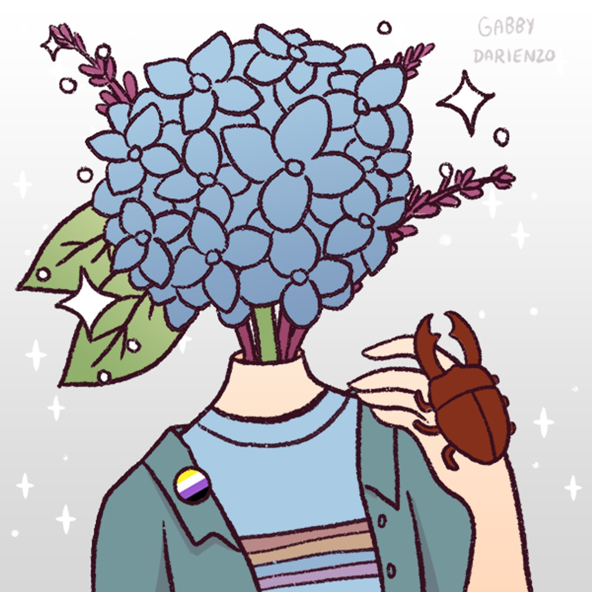 image of a picrew by Gabby Darienzo. it depicts a character with a hydrangea cluster for a head, with additional purple foliage around it. the character is wearing a blue shirt with rainbow stripes and a blue button up over it with a nonbinary pin on it. they are holding up their hand with a large stag beetle on the back of it