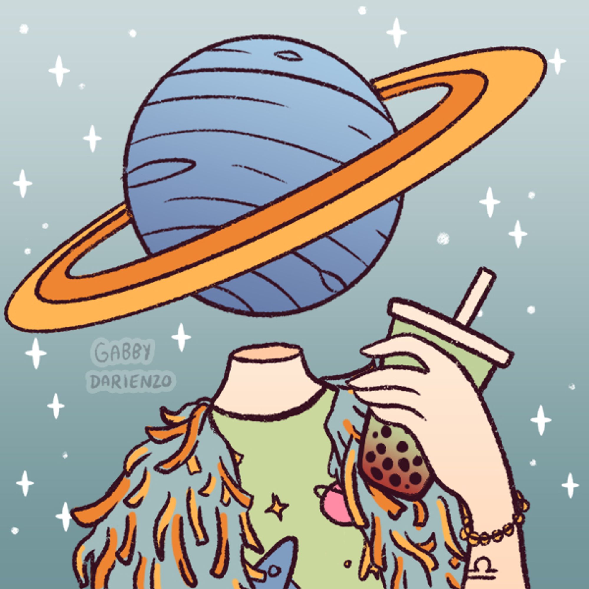 image of a picrew by Gabby Darienzo. it depicts a character with a blue planet wih orange rings as a head. they are wearing a green shirt with a planet and rocket ship on it, as well as a multicolored fluffy jacket. they are holding a boba tea drink. they have a beaded bracelet and a libra symbol tattoo on their wrist.