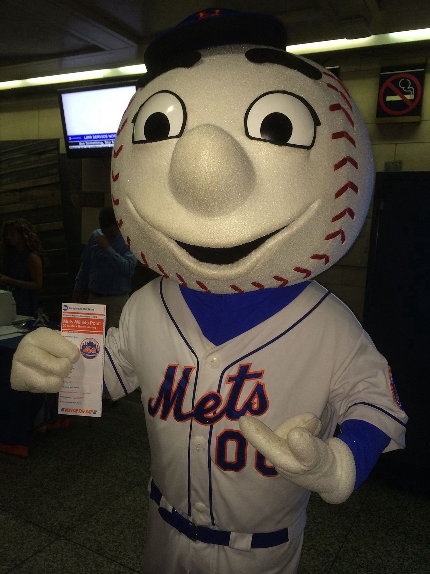 Mr. Met the Mets mascot is a baseball with a Mets uniform