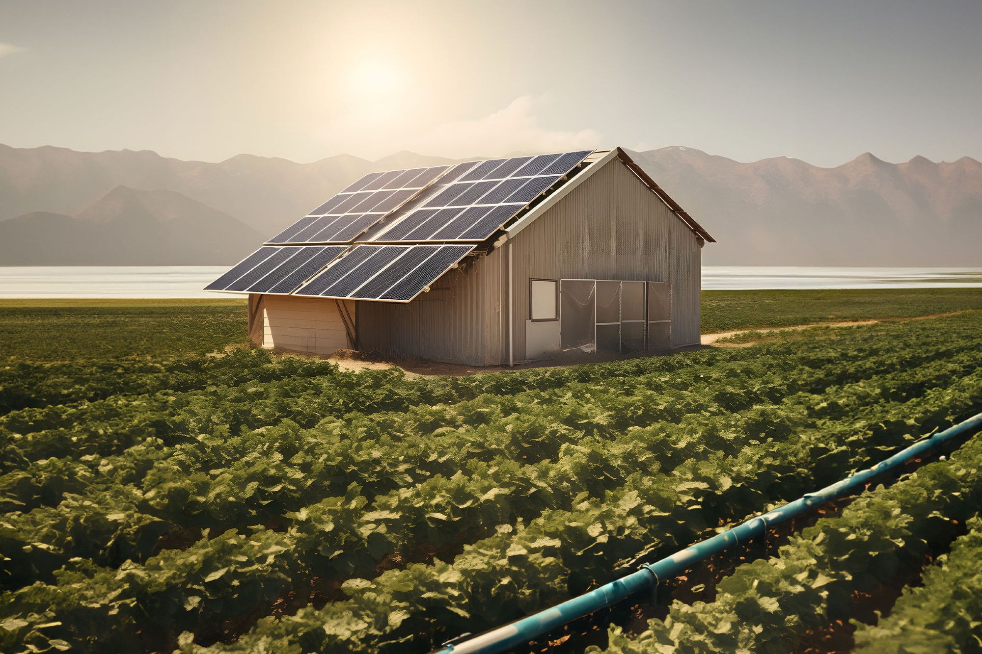 An AI generated image of a modern looking wooden barn with solar panels on the roof. The shed is located in a field of green plants that look like they might be salad. An irrigation pipe can be seen amidst the plants.