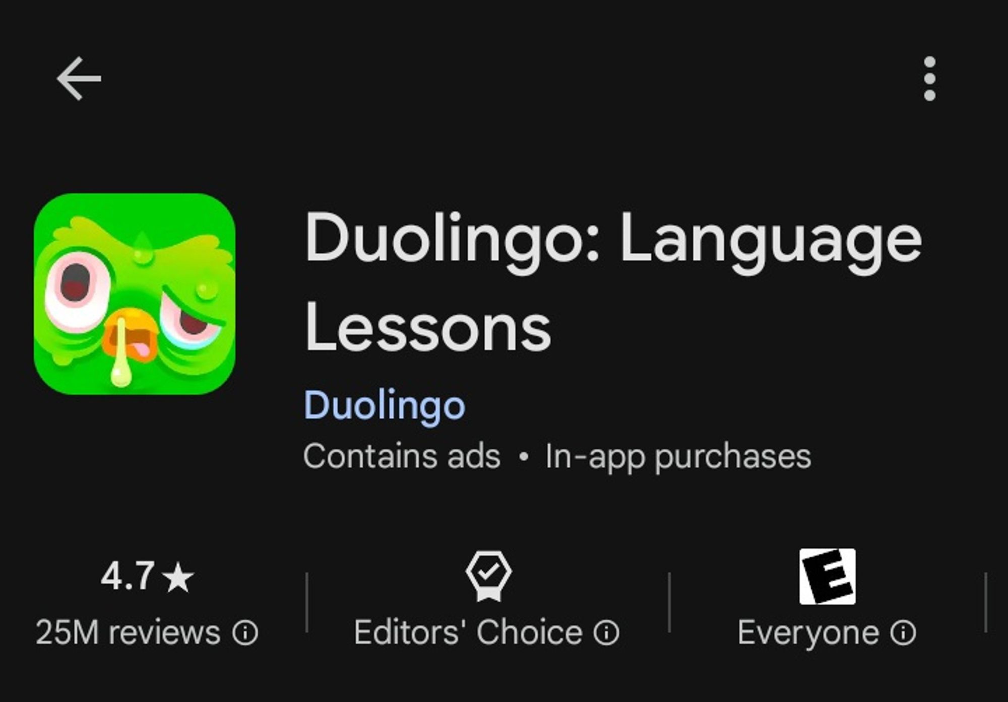 a screenshot of the duolingo app in the play store, but the green owl mascot looks sweaty and sick, with droopy bloodshot eyes and a disgusting runny nose.