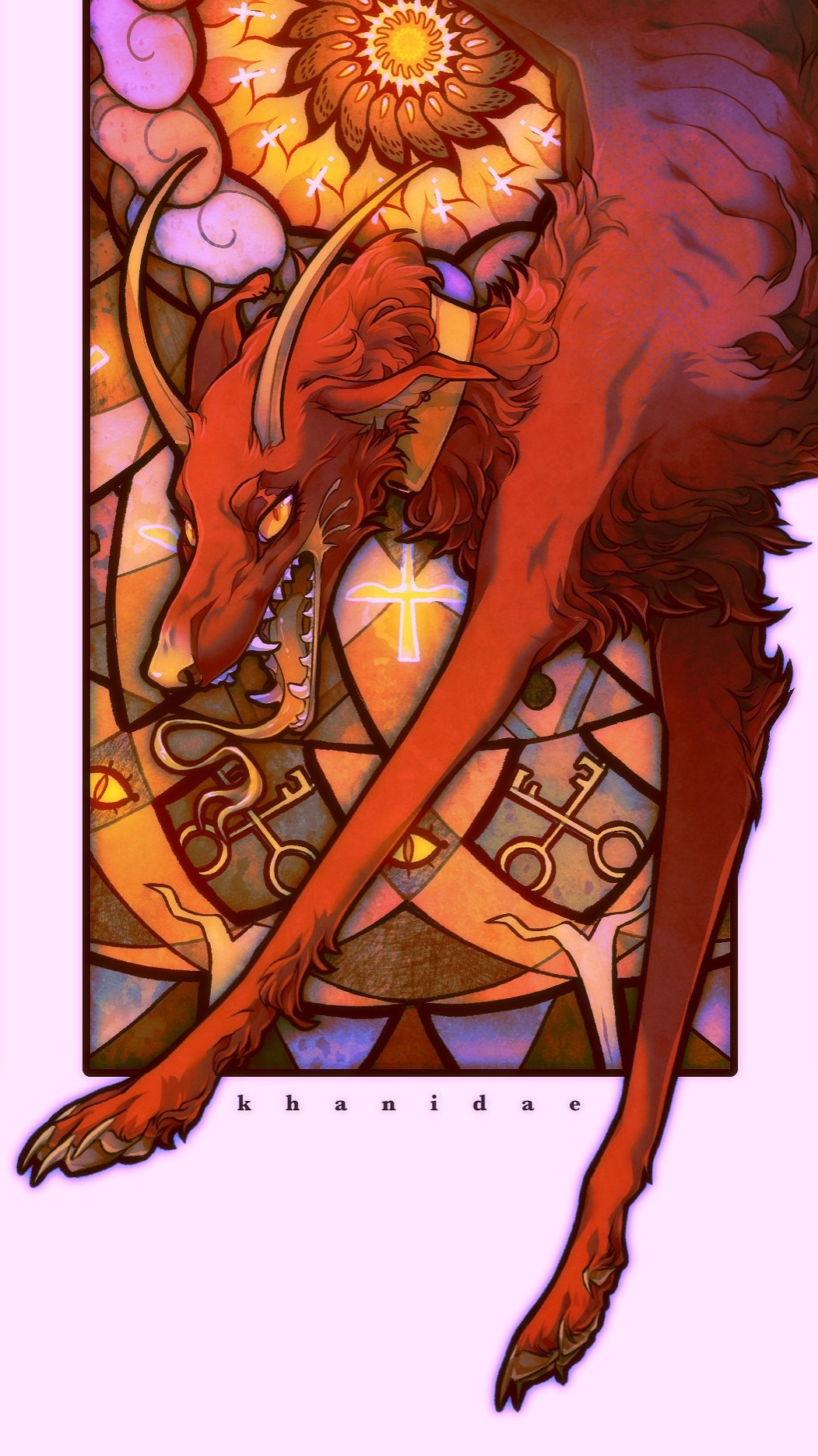 A red hellhound with yellow horns in front of a church window with cross & eye imagery