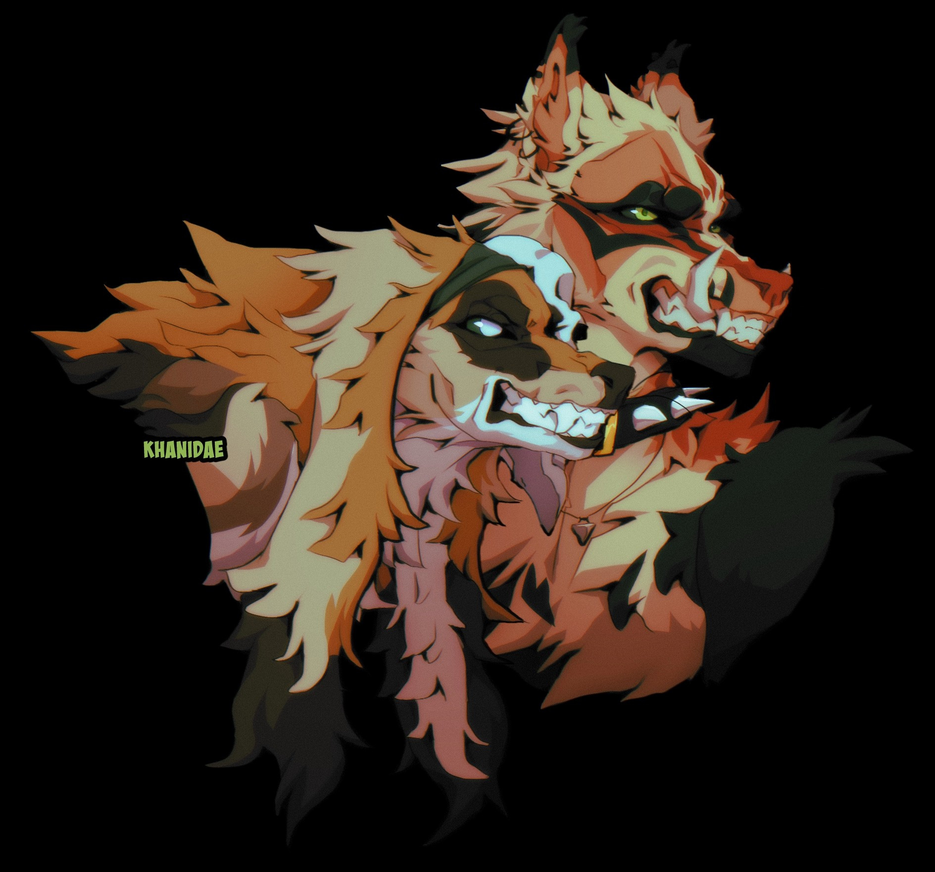 Colored and cel shaded bust of two snarling buckleos (a canine like fantasy species)