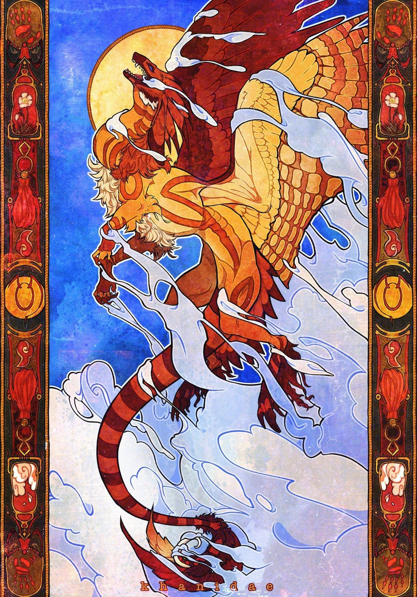 Illustration of an orange dragon in front of a blue sky flying through white clouds, the image is framed by a red & orange column on the left and right side containing various symbols related to the dragon