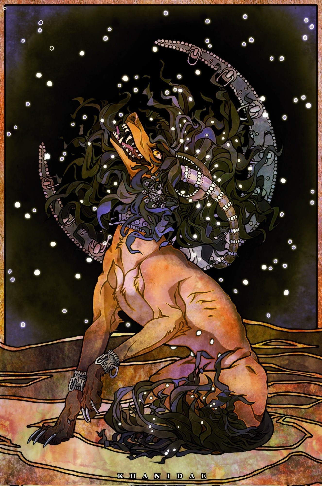 Digital art of a beige sighthound with long black hair and horns wearing a metal collar and wristbands. In the background is a stylized desert and a big crescent moon resembling the style of the metal accessories. There's a lot of glowing small orbs all around the sighthound, it is unclear weather they're part of the accessories or stars in the sky