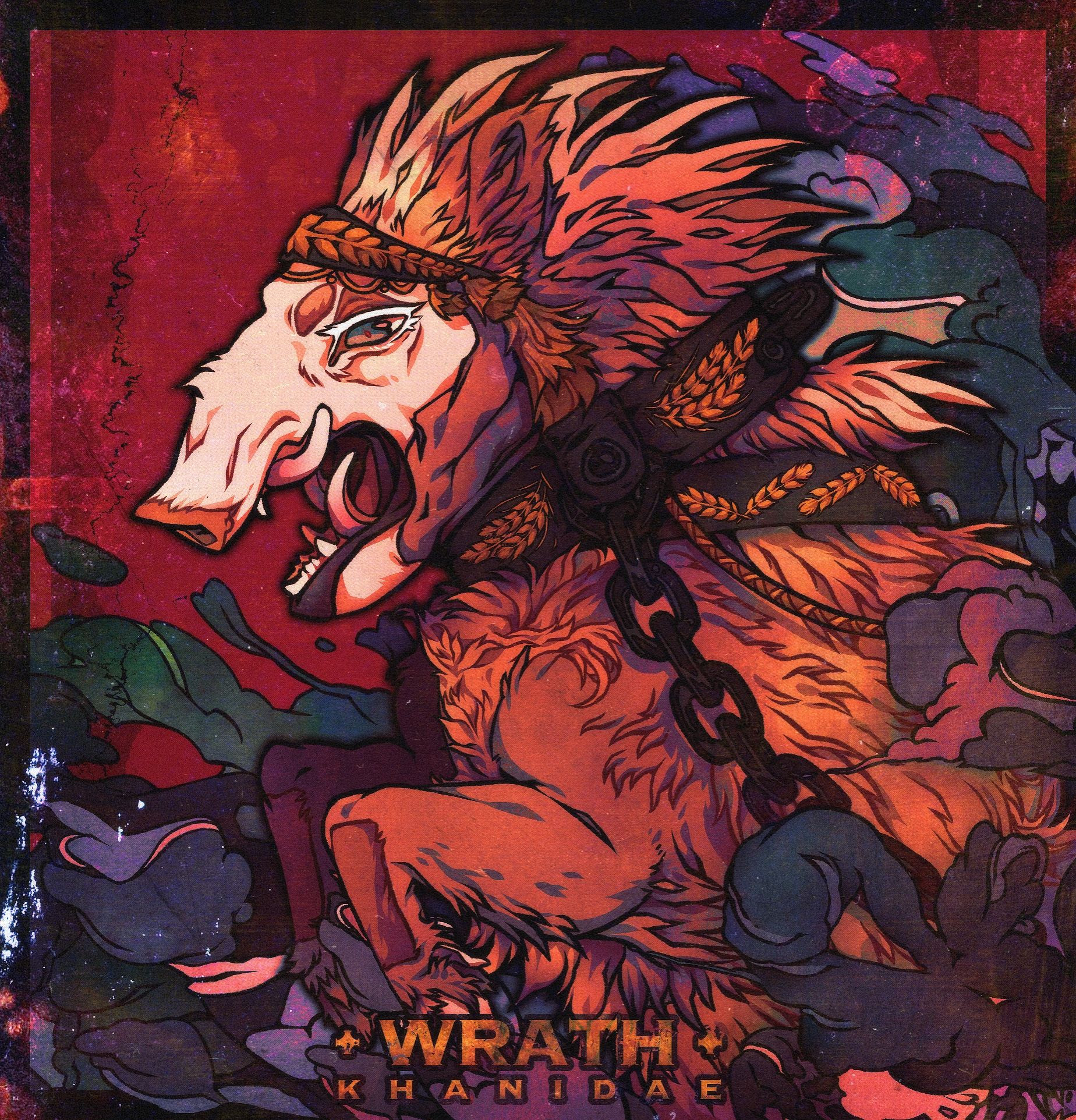 Square illustration of a jumping boar from the belly up in front of a red background. She's wearing a horse harness decorated with wheat ears and is surrounded by blue, green and purple clouds. At the bottom is a text reading wrath