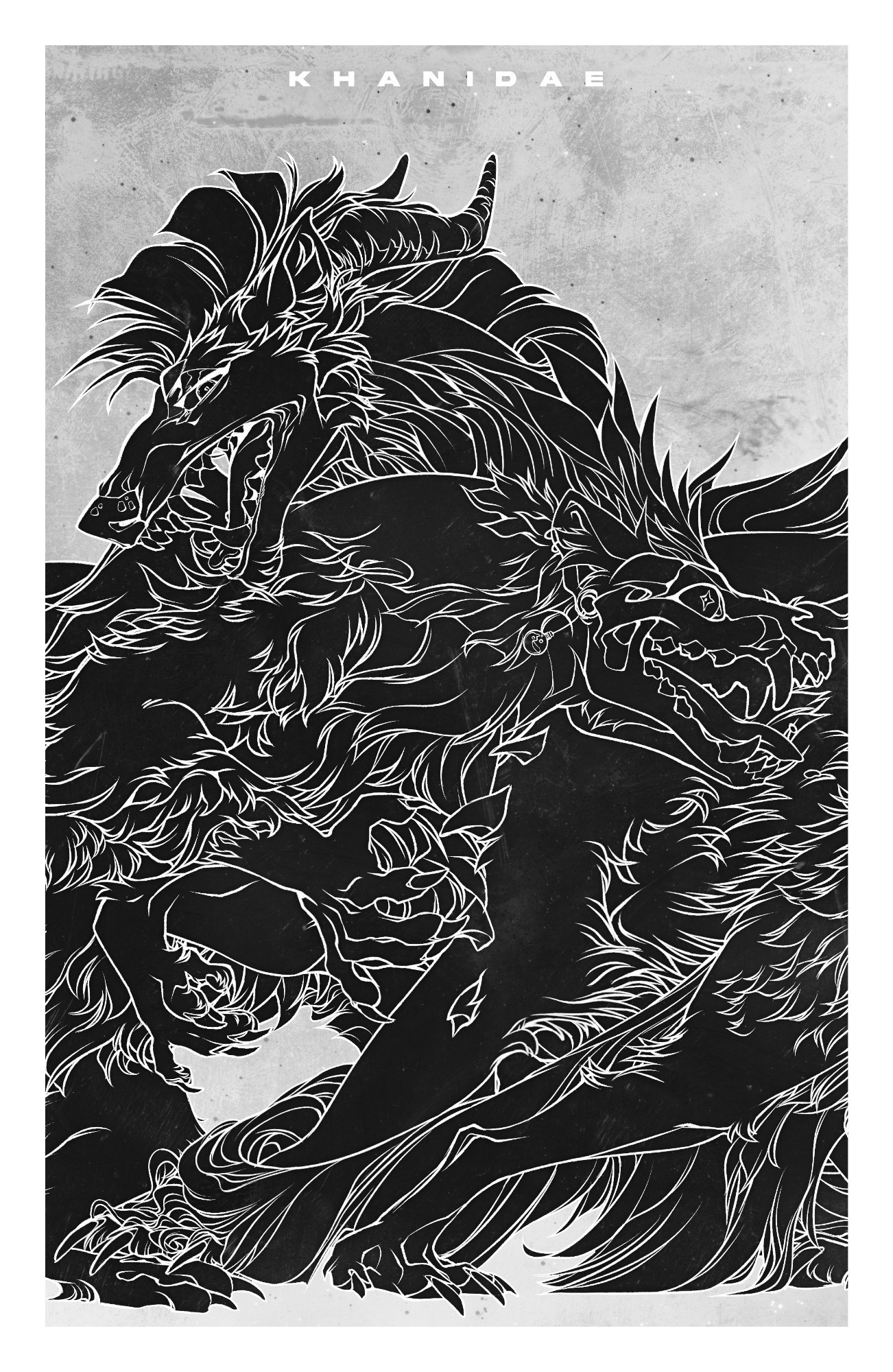 A black & white drawing of two fantasy creatures intertwined, the lineart is white and the creatures are solid black. The way they're interacting with each other is nonsensical. The characters belong to Maldefekt