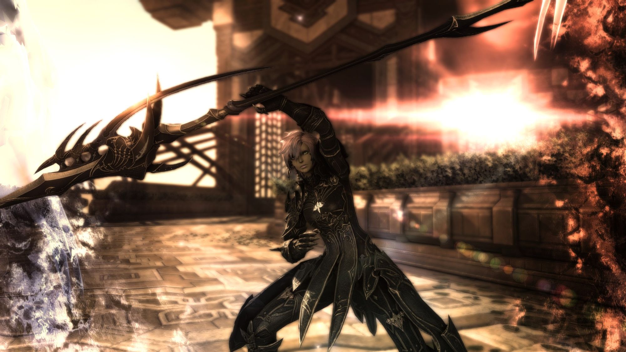 Sylari while on an important quest, wielding her spear above her head in defense of Eorzea, calling upon Draconic aetherial energy in the halls of the enemy she was seeking. For once, no spriggan hat, and in full battle plate