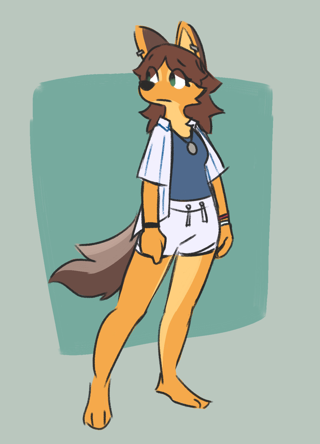 Sage, a yellow coyote with brown long hair and a gray tail and ears, is standing looking wistfully into the distance. She has a blue tank top and white short sleeved over-shirt on with blue vertical stripes. She also has short white shorts on and a necklace with a silver pendant on it.