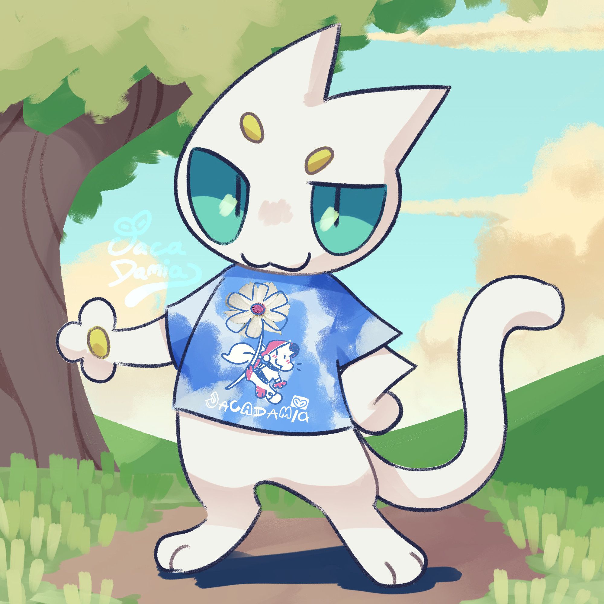 there's a cute white cartoon cat standing in a sunny field, looking smugly at you with a smirk and big teal eyes. They're wearing a blue tie-dye Jacadamia tee shirt, and they think they're unbelievably cool for doing so.