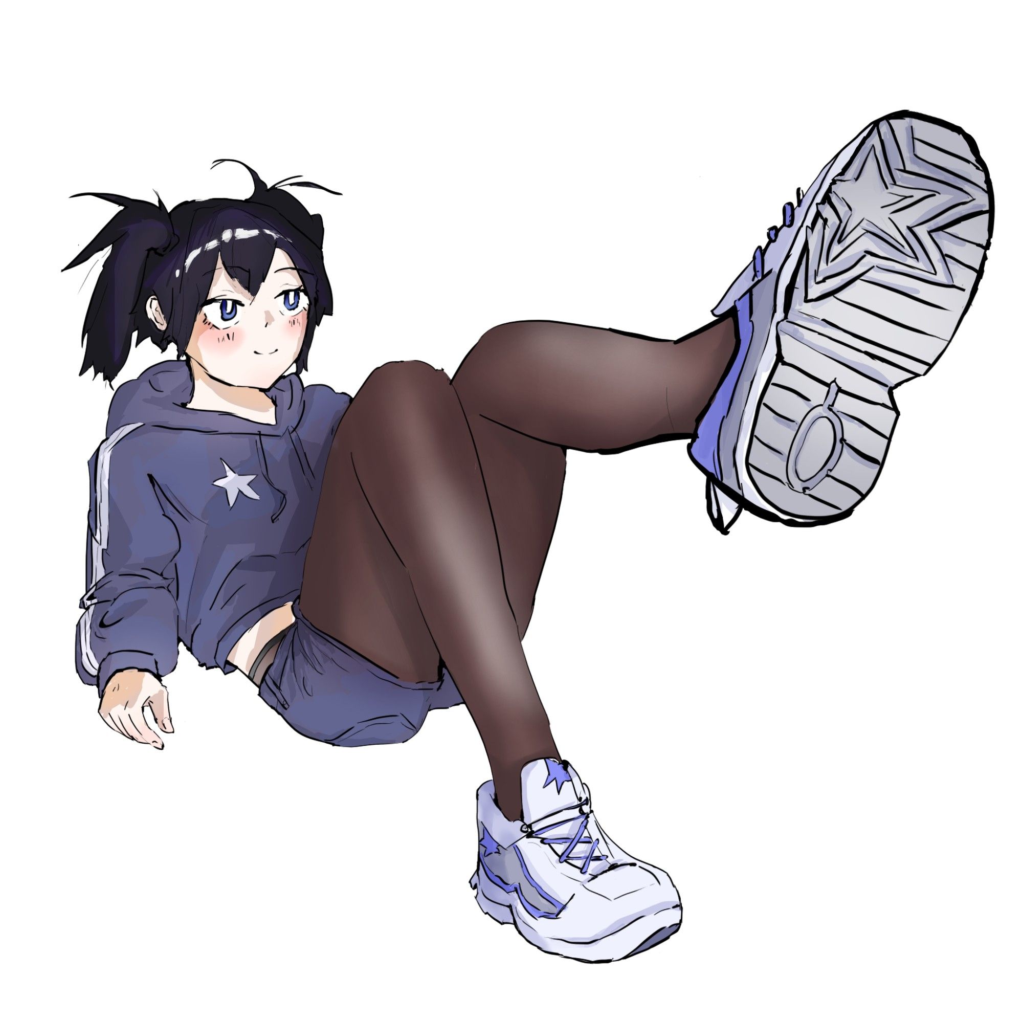 digital anime/manga style drawing of a girl with chunky sneakers sitting and showing off her shoes