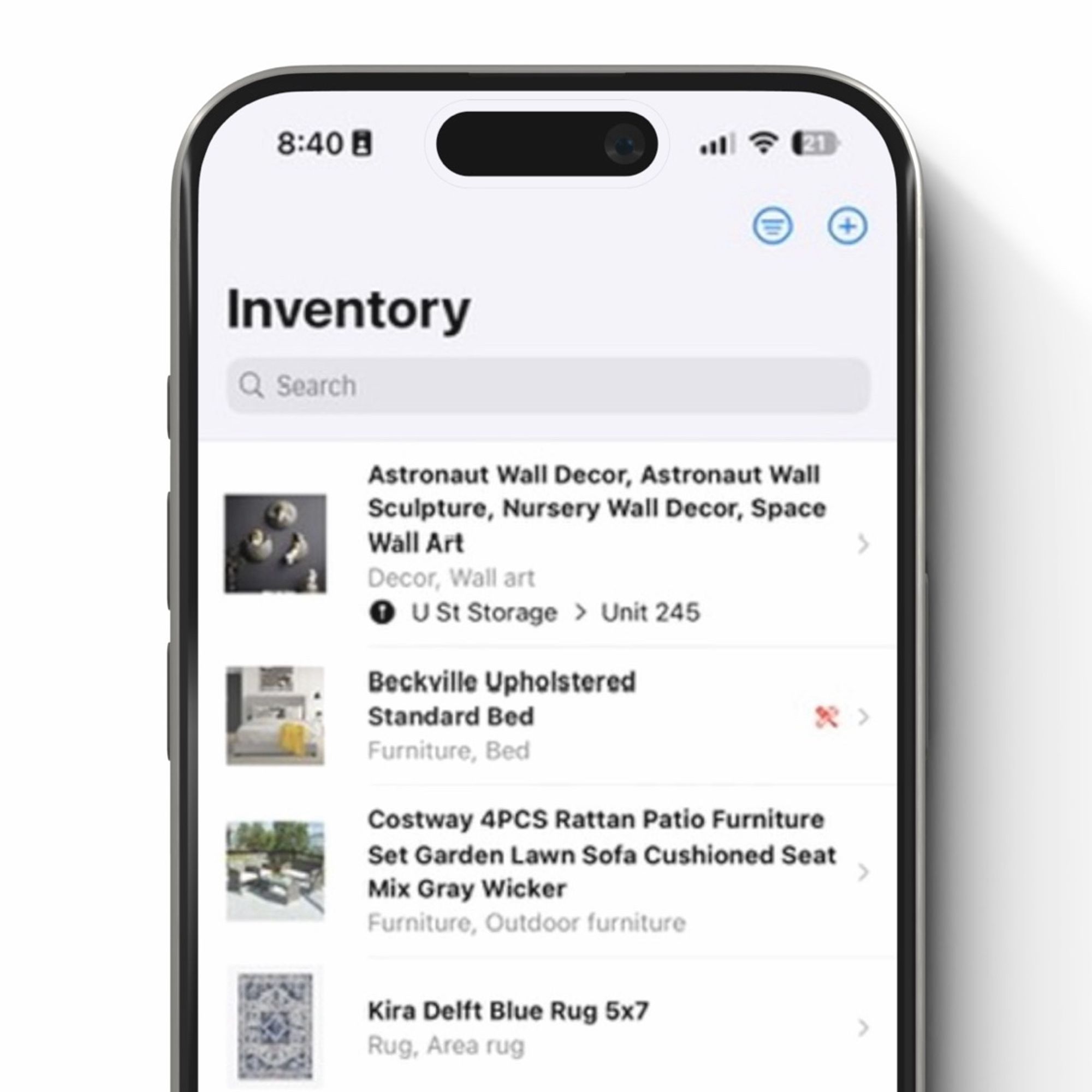 An iPhone 15 Pro, with a screenshot of the inventory page in the Stager app