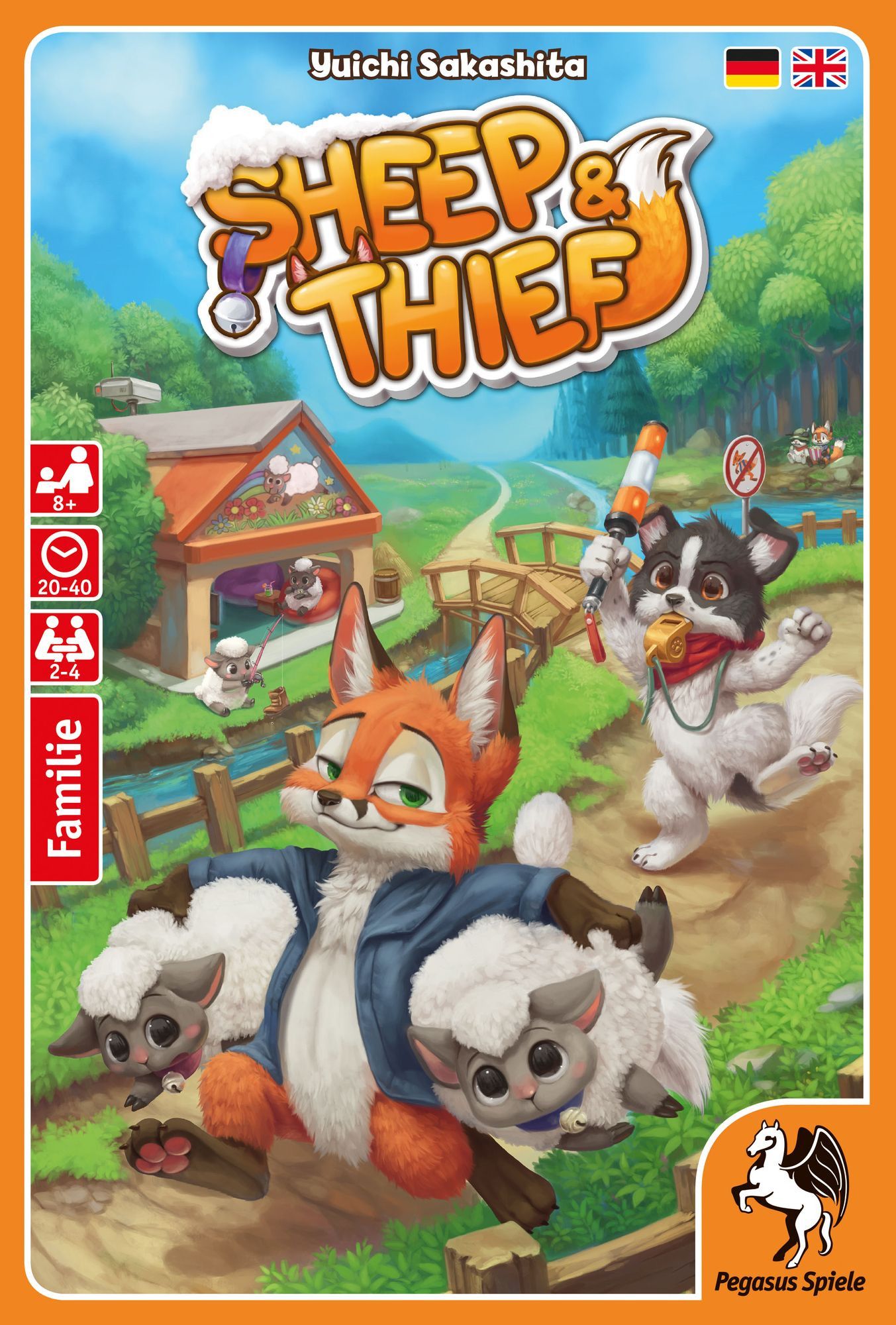 Cover of board game "Sheep&Thief", depicting an fox carrying two sheep while pursued by a herding dog (art by silverfox5213)