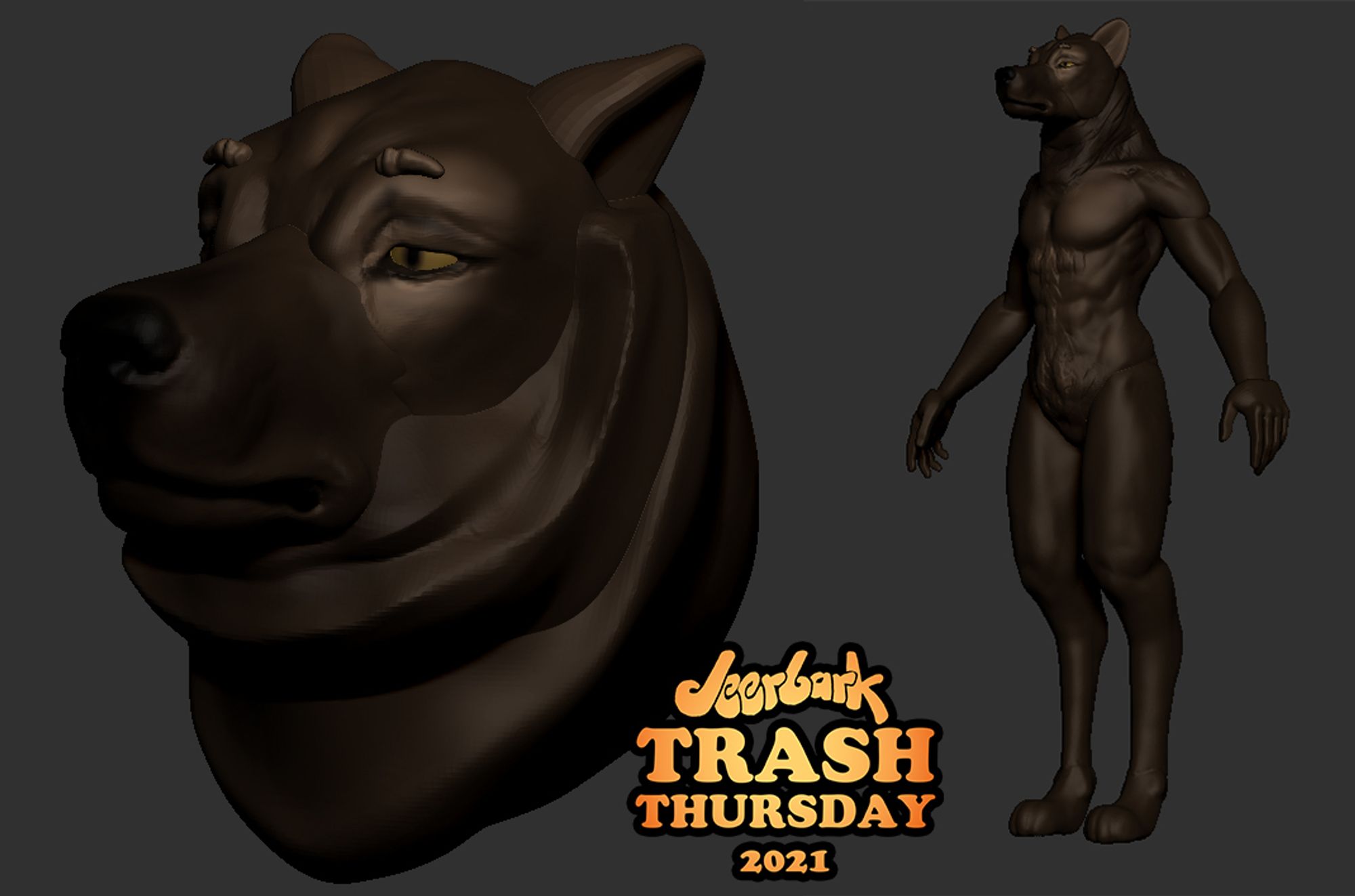 3D sculpt of a brown anthro canine. They wear an expression of bored ennui