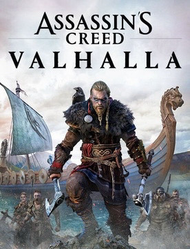 An image of the cover for Assassin’s Creed: Valhalla, which features the protagonist, Eivor, in the foreground. Eivor is dual wielding axes, and has a raven on his shoulder. In the misty background, there is a Viking longship and a handful of Viking warriors.