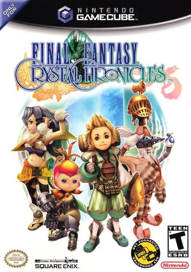 The cover image for Final Fantasy Crystal Chronicles for GameCube. The cover features four characters representing some of the archetypes/species from the Final Fantasy universe.