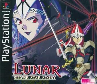 An image of the box art for Lunar Silver Star Story. The protagonist, Alex, is featured in the lower right corner of the image, wearing armor and wielding an immense long sword. The villain stands behind him, to the left, entirely dressed in black. The top left corner of the image is dominated by ‘evil’ Luna, a young woman with pale skin, red eyes, and blue hair. 