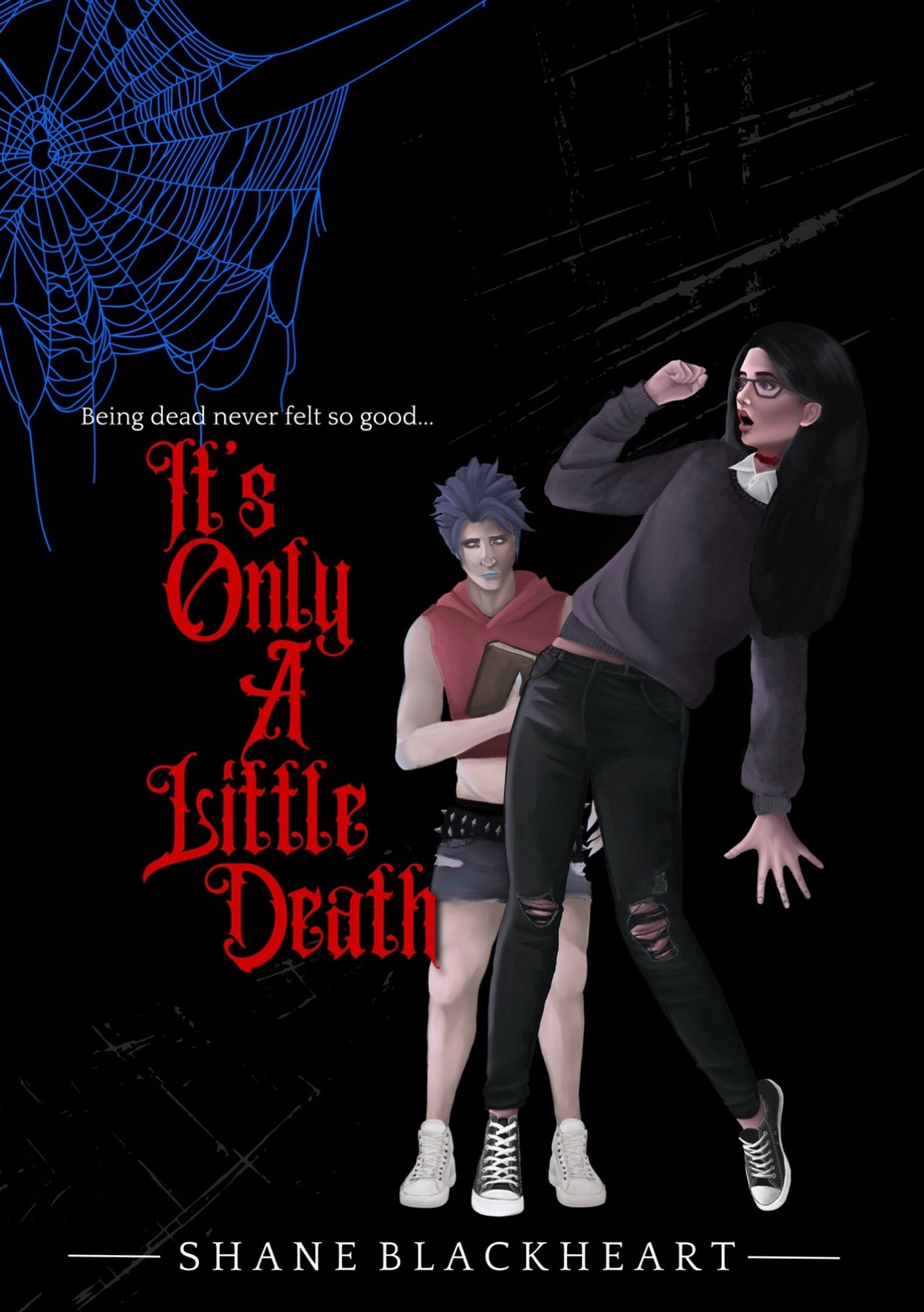 A screenshot of the cover for It’s Only a Little Death by Shane Blackheart. The cover is black, with a torn, blue spiderweb in the top left corner. The title is in bright red, in a gothic font. To the right of the cover are two humanoid figures. One is wearing black jeans torn at the knees, with a grey long sleeve sweater and black Chucks style sneaker with white lace. Behind them is a shorter figure with grey-blue spiked hair, a red cropped and sleeveless hoodie paired with cut off shorts.