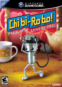 The box art for Chibi-Robo for GameCube. It features a small, silver metal robot carrying his plug on his head. He is only slightly taller than the teapot in the background.