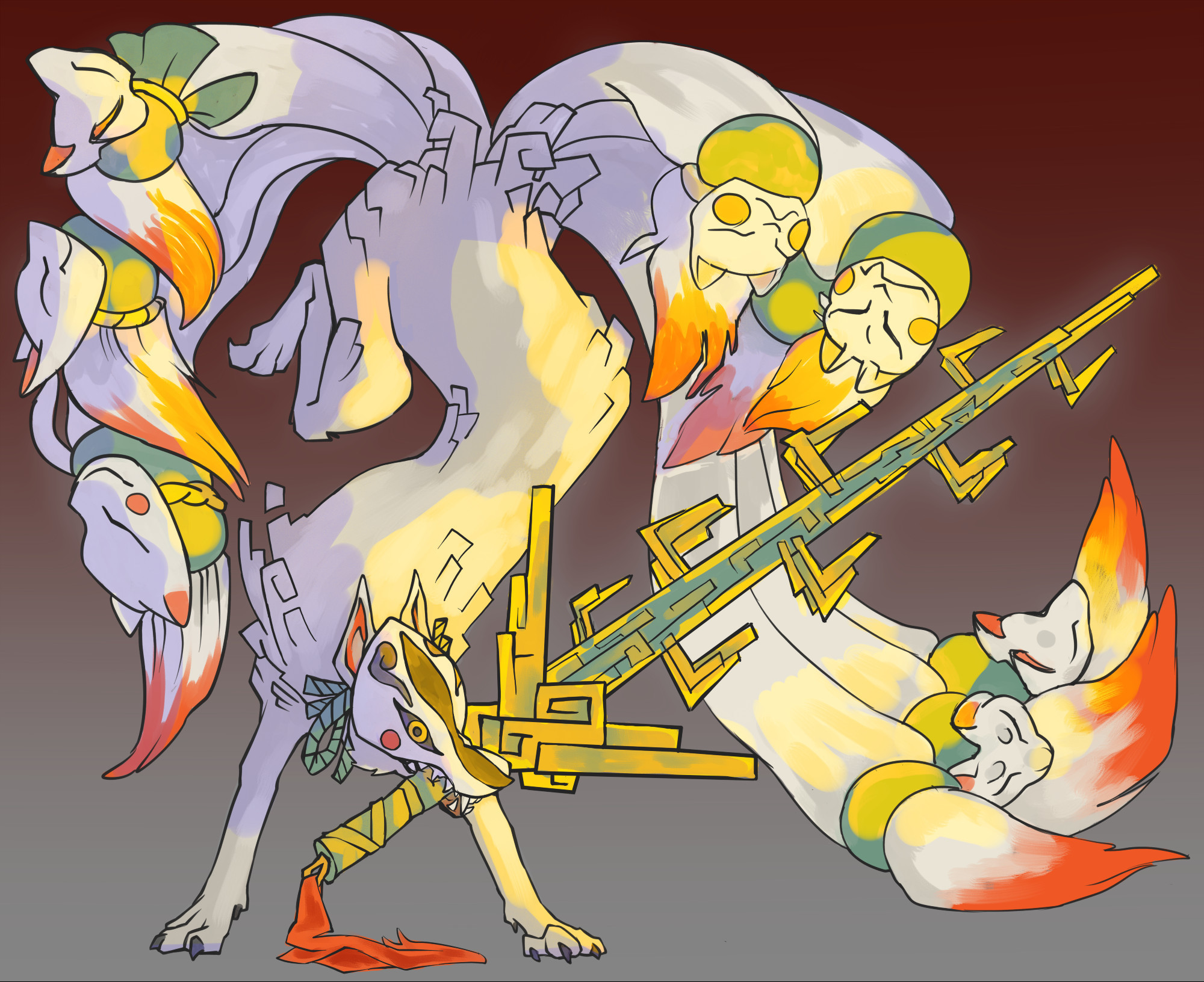 Fanart of Ninetails boss from the video game Okami. It is posed dramatically with a sword.