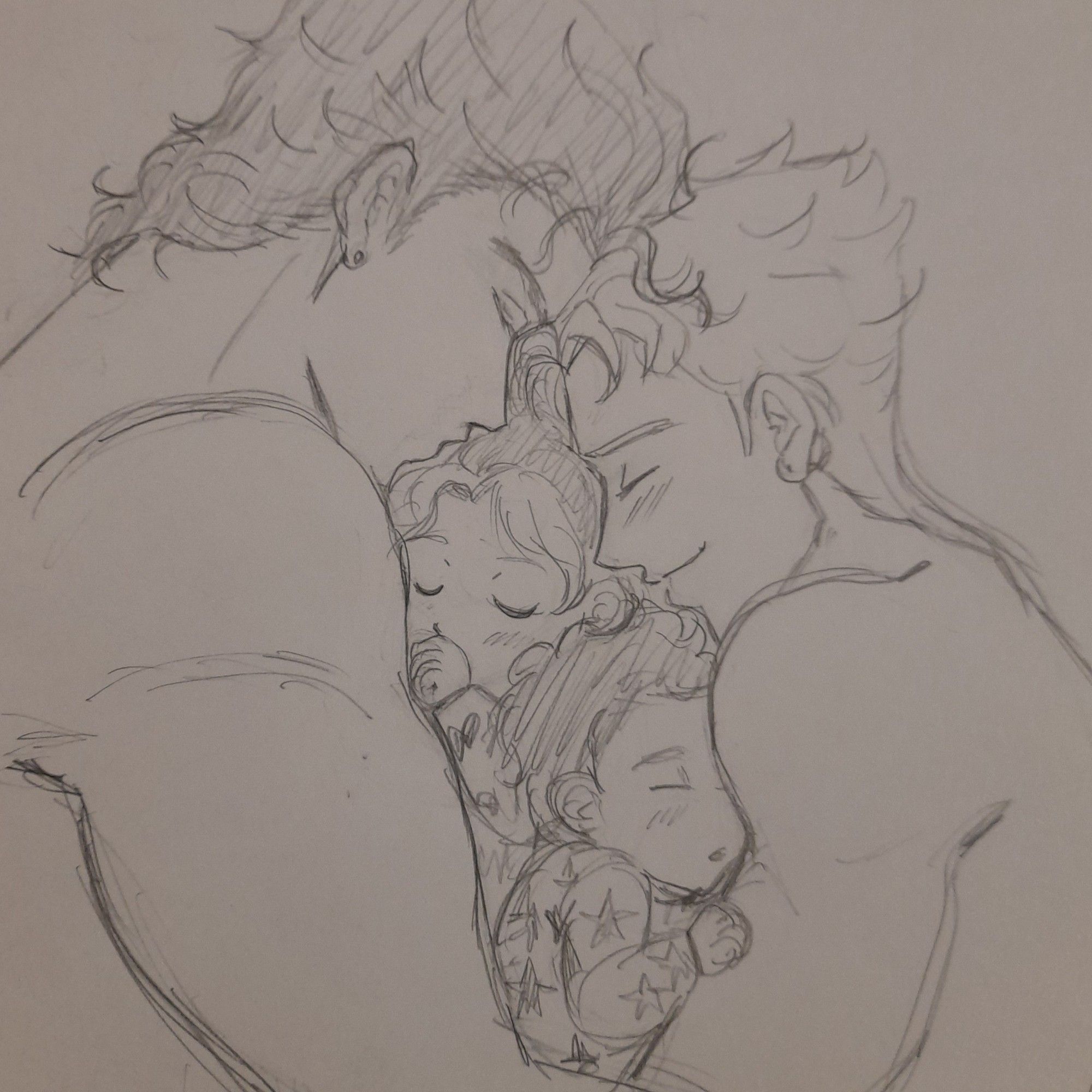 Pencil sketch of Jotaro and Kakyoin hugging their babies Jouta and Jolyne. Jotaro is kissing Jolyne's head and Kakyoin is smiling