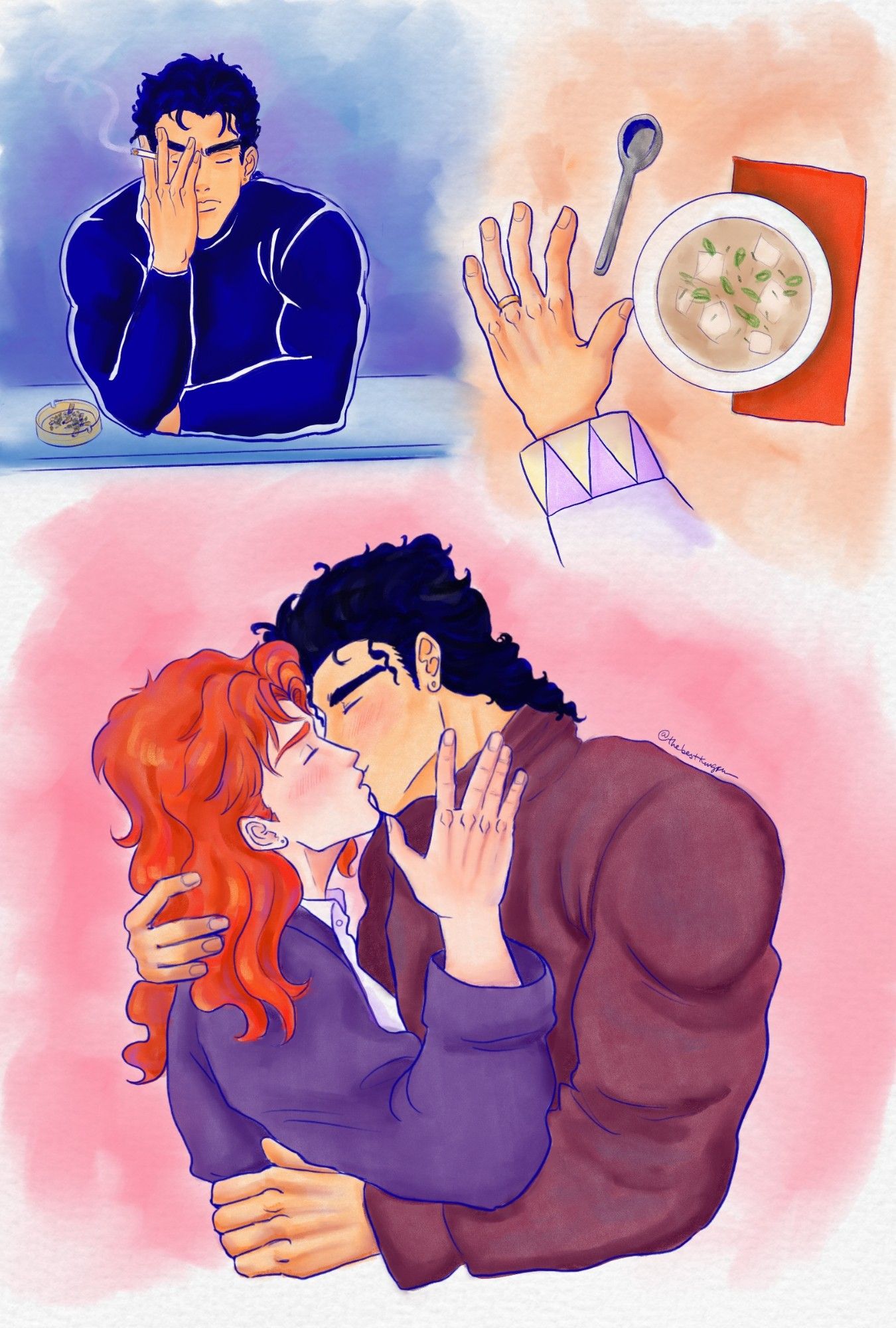 In this image, the same watercolor texture, with more cool tones (blues and purple). Also few images in the same drawing. In the first one Jotaro is fed up and he's smoking, in the other one there's only his hand with a wedding band and a miso soup, and the other one is Jotaro and Noriaki kissing. Noriaki's hair is long and is down.