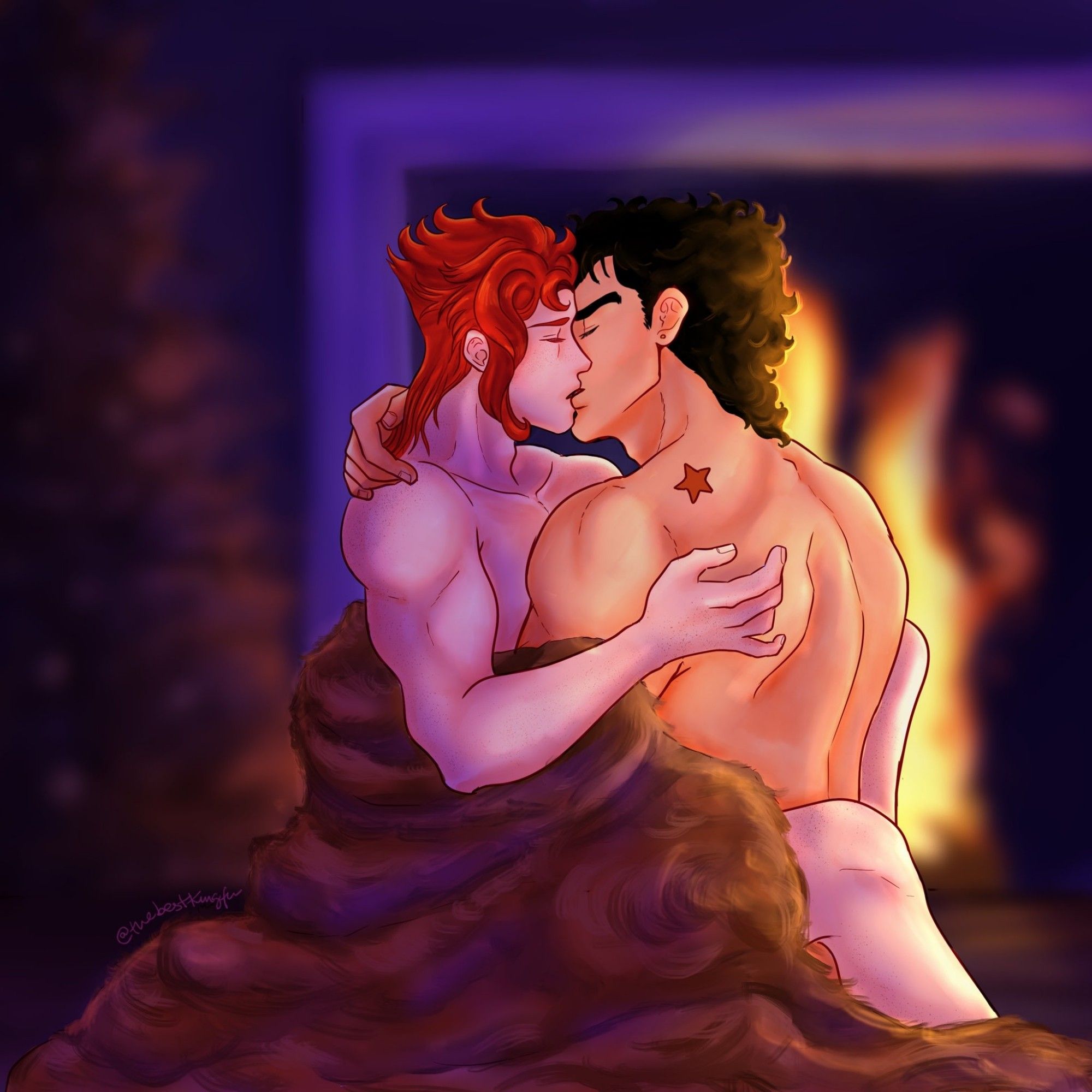 Jotaro and Kakyoin kissing naked and wrapped in a fur blanket in front of a fireplace. Kakyoin is sitting on Jotaro, their bodies are very close. It's possible to see Jotaro's birthmark on the base of his neck