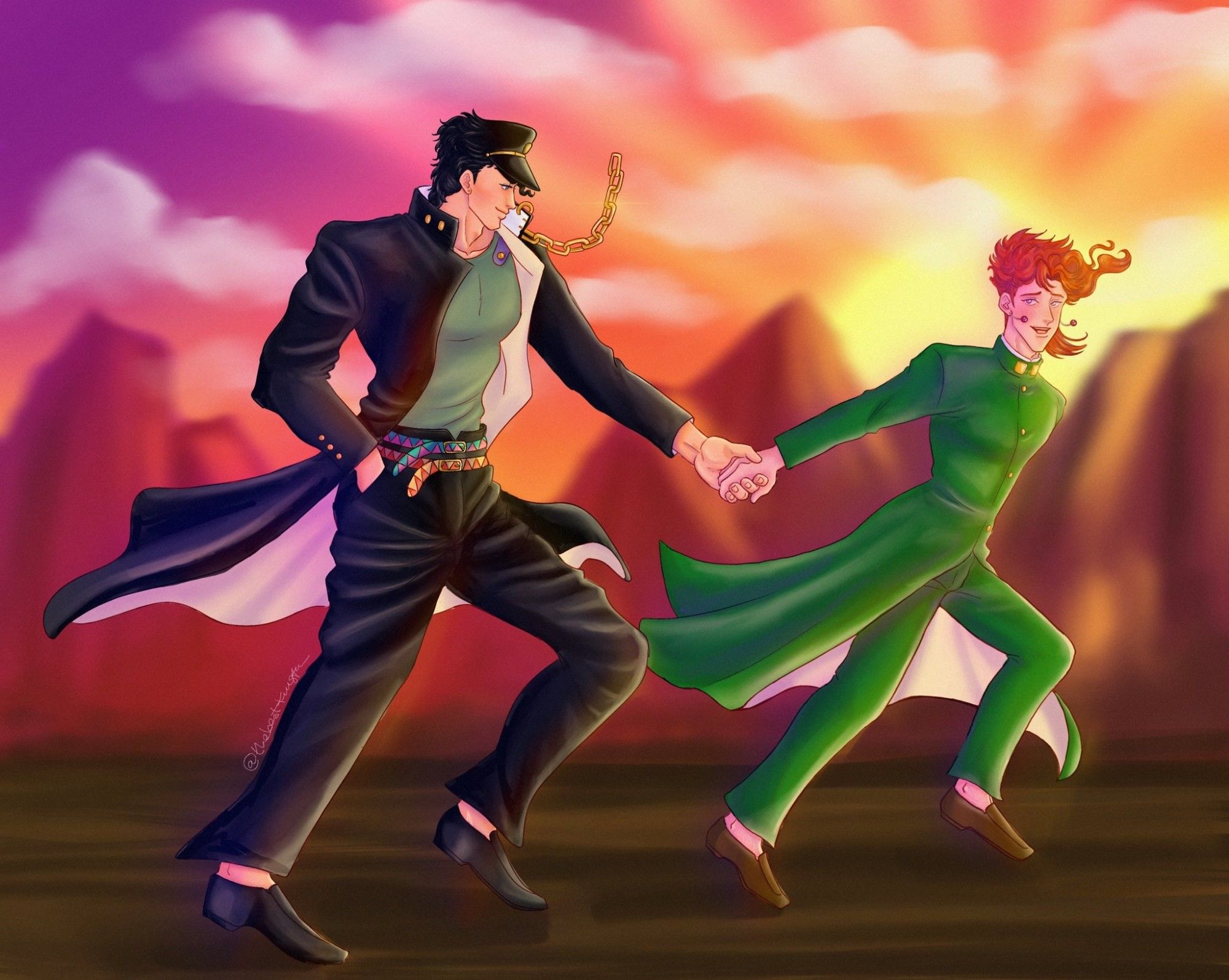 Drawing of Jotaro and Kakyoin running. They're wearing their gakuran, Jotaro is with one hand in his pocket and the other one is holding one of Nori's hand. Both of them are smiling and on the background is possible to see a sunset and montains