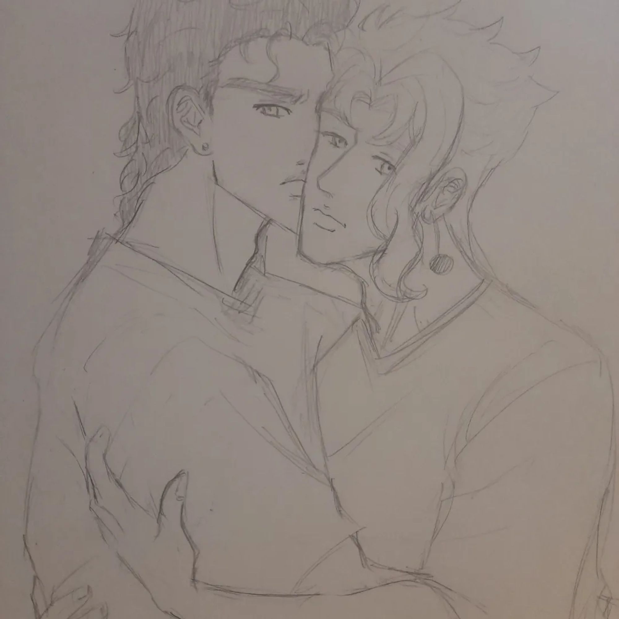 Pencil sketch of Jotaro and Kakyoin hugging