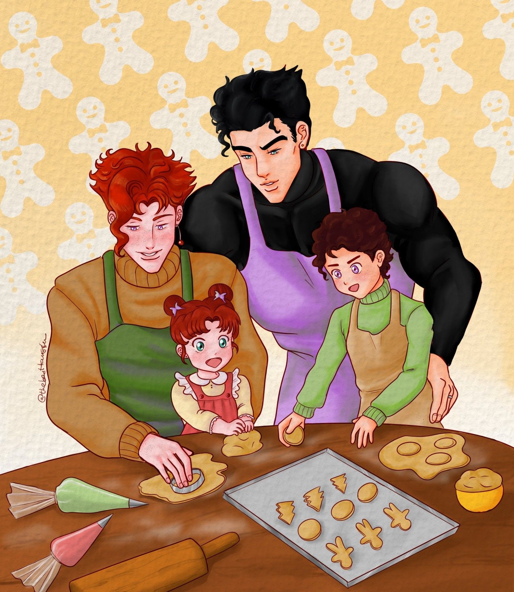 A wholesome scene of Jotaro and Kakyoin with the kids Jouta and Jolyne making Xmas cookies, everyone is wearing aprons. Jouta is clearly older than Jolyne. Jotaro is supporting and observing them, Noriaki is cutting some cookies, Jolyne is thrilled playing with the dough and Jouta is arranging the raw cookies on the baking pan. Over the table there's some pastry bags, a rolling pin, and the baking pan filled with cookies in various formats. The drawing has soft colors, a watercolor texture, and is based in yellow.