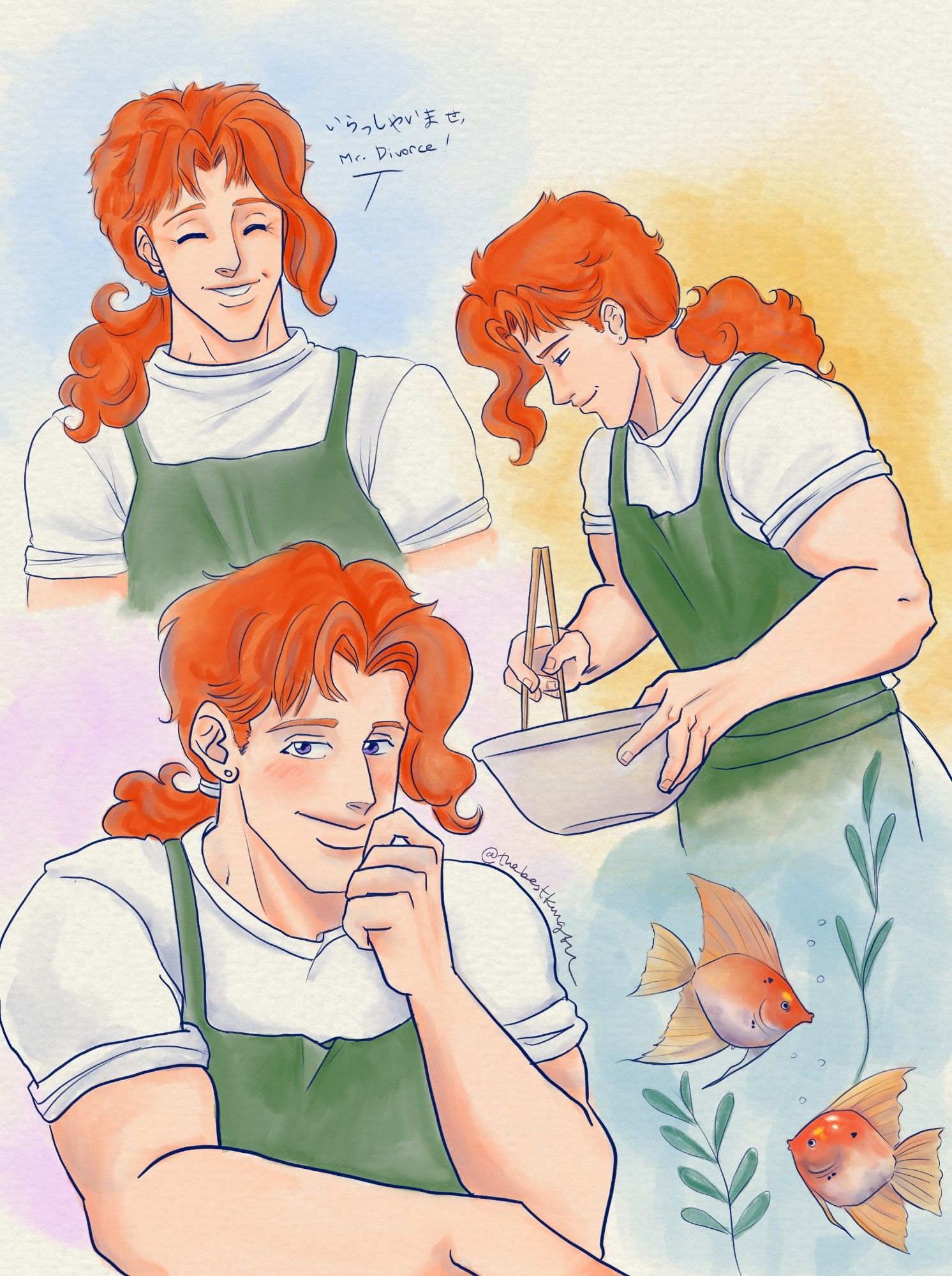 A digital drawing with a watercolor texture. There's 3 Kakyoin poses, he has long and red hair. In the first pose he's smiling and saying "Irasshaimase, Mr. Divorce", in the other he's cooking with hashi, and in the last one he's smiling to someone, very charming. The image also has angel fishes that has the same color as Nori's hair.