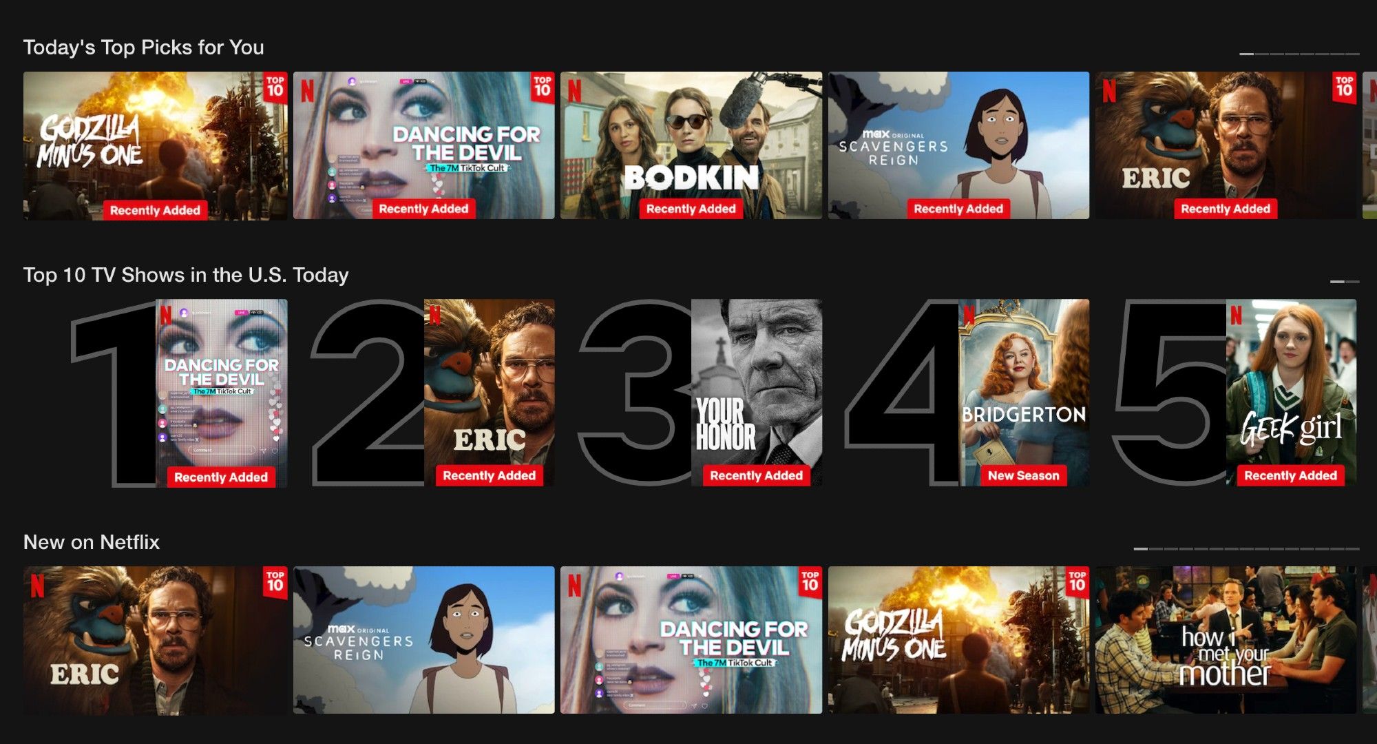 3 rows of recommendations on Netflix, all ostensibly for different categories, ("Today's Top Picks for You," "Top 10 TV Shows in the U.S. Today," and "Now on Netflix"), but all populatable almost entirely by by the same shows/movies.