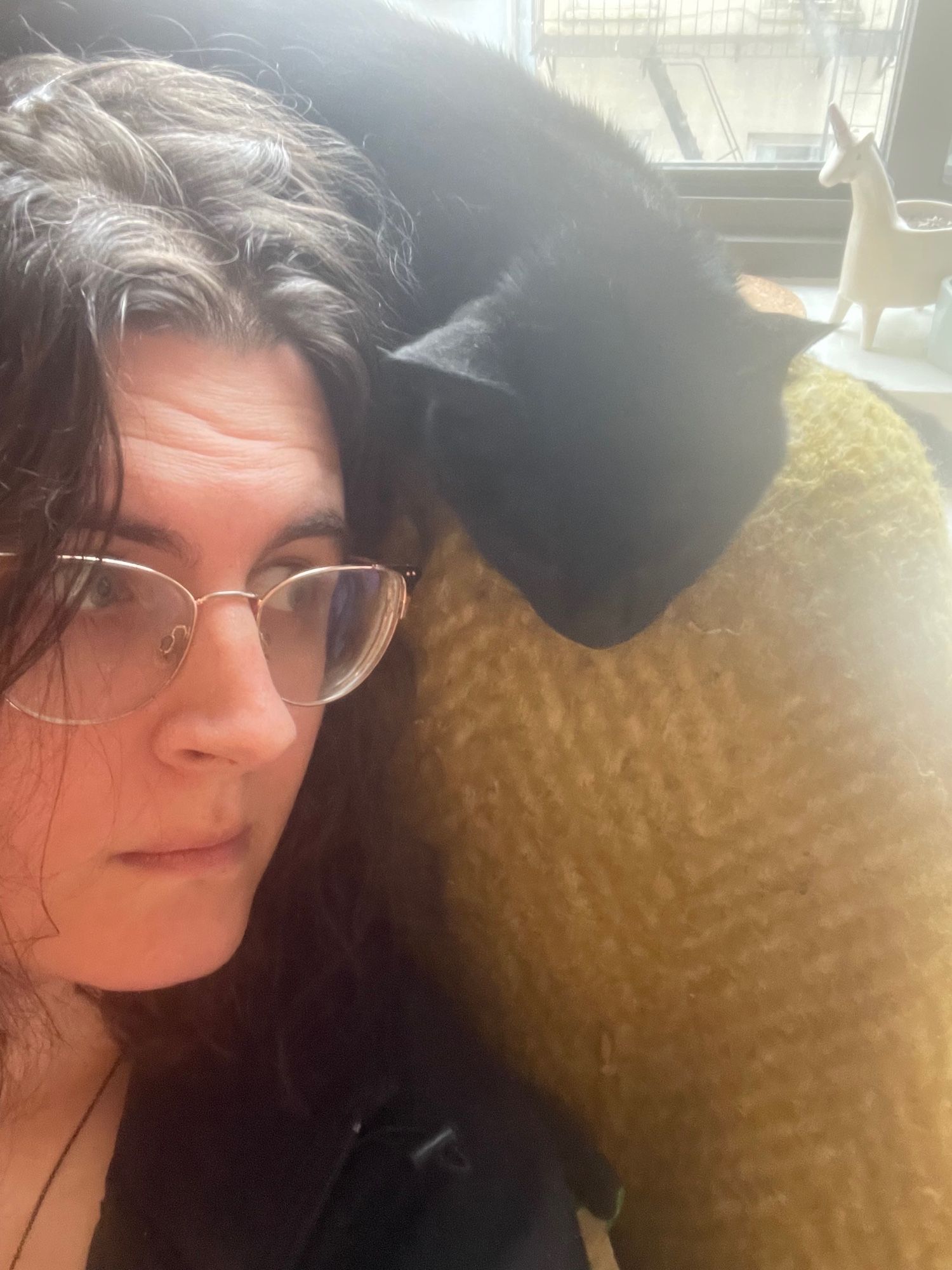 selfie of woman sitting in arm chair with a black cat laying across the back. the cats head is dropping down beside the woman’s face, and the woman is looking towards the cat. it is very cozy and good